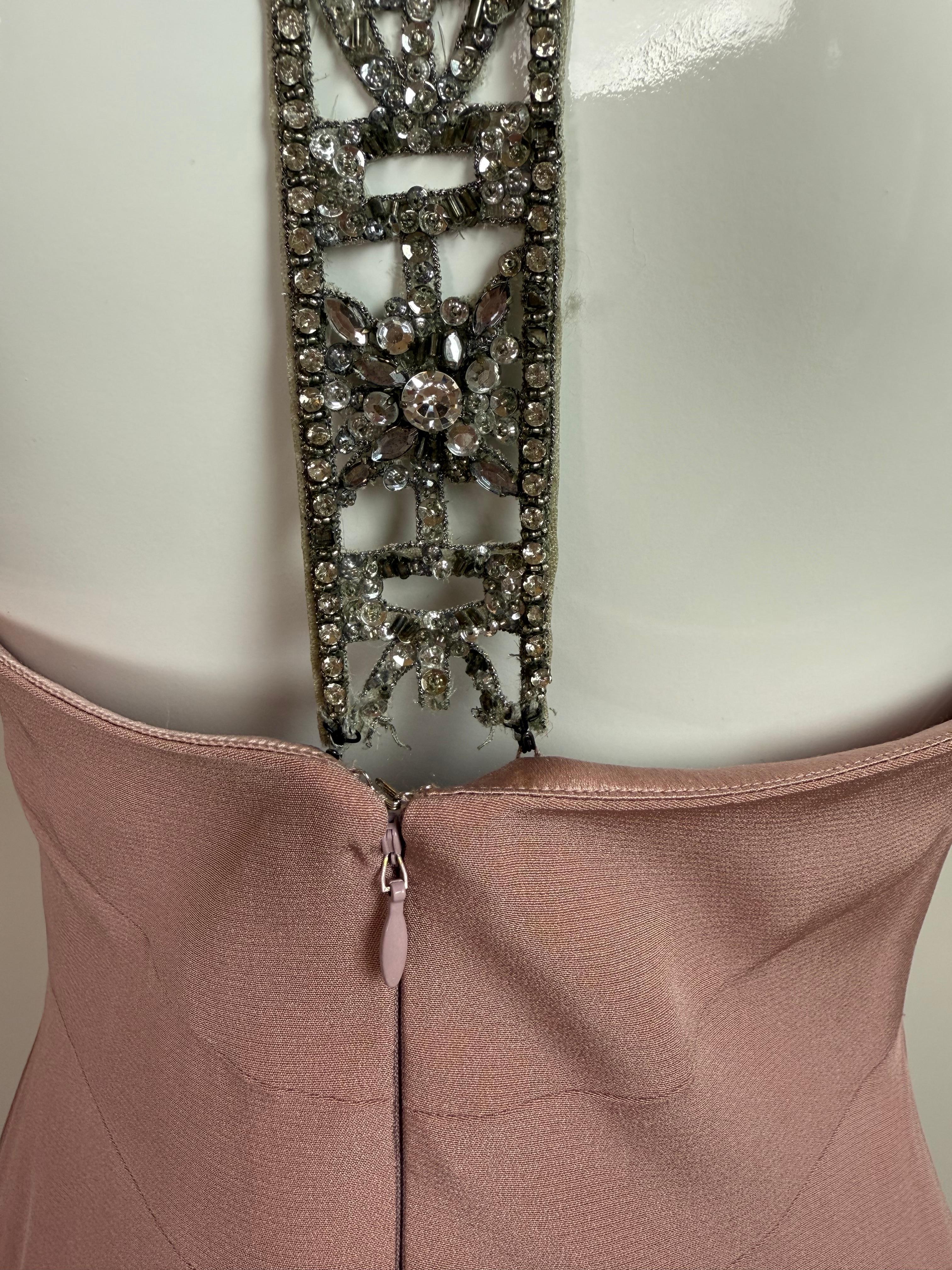 MONIQUE LHUILLIER 2006 Vintage Dusty Pink Embellished Gown Maxi Dress Runway For Sale 3