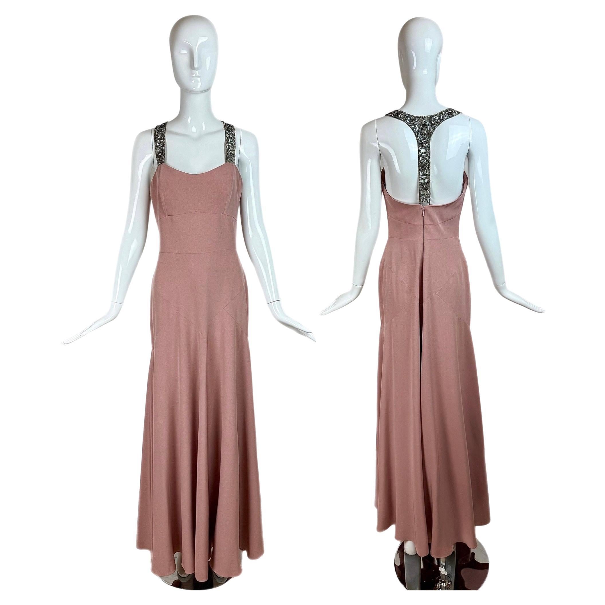 MONIQUE LHUILLIER 2006 Vintage Dusty Pink Embellished Gown Maxi Dress Runway For Sale
