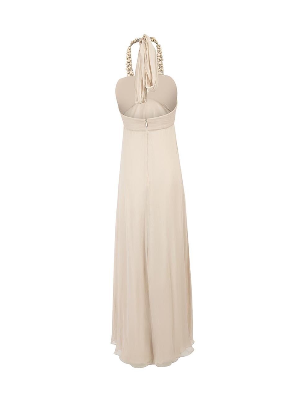 Monique Lhuillier Beige Silk Beaded Halter Neck Long Gown Size S In Excellent Condition For Sale In London, GB