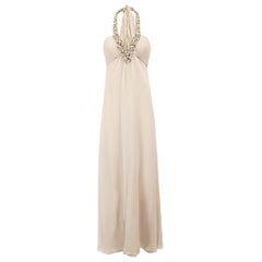Monique Lhuillier Beige Silk Beaded Halter Neck Long Gown Size S