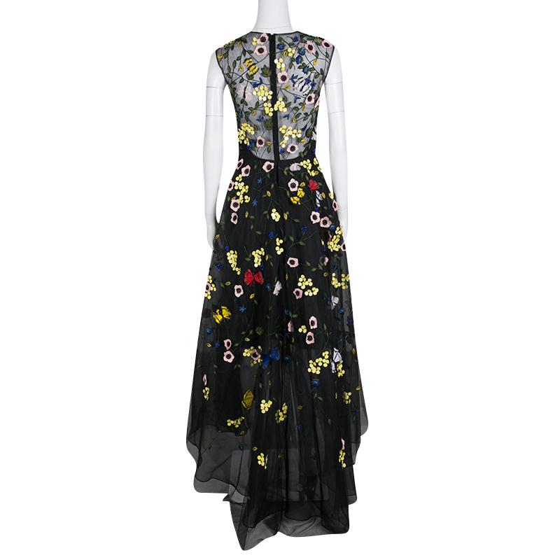 Monique Lhuillier Black Floral and Butterfly Applique High Low Tulle Gown S In Good Condition In Dubai, Al Qouz 2
