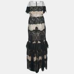 Monique Lhuillier Black Lace Short Sleeve Maxi Dress S