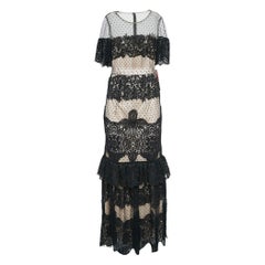 Monique Lhuillier - Robe longue à manches courtes en dentelle noire S