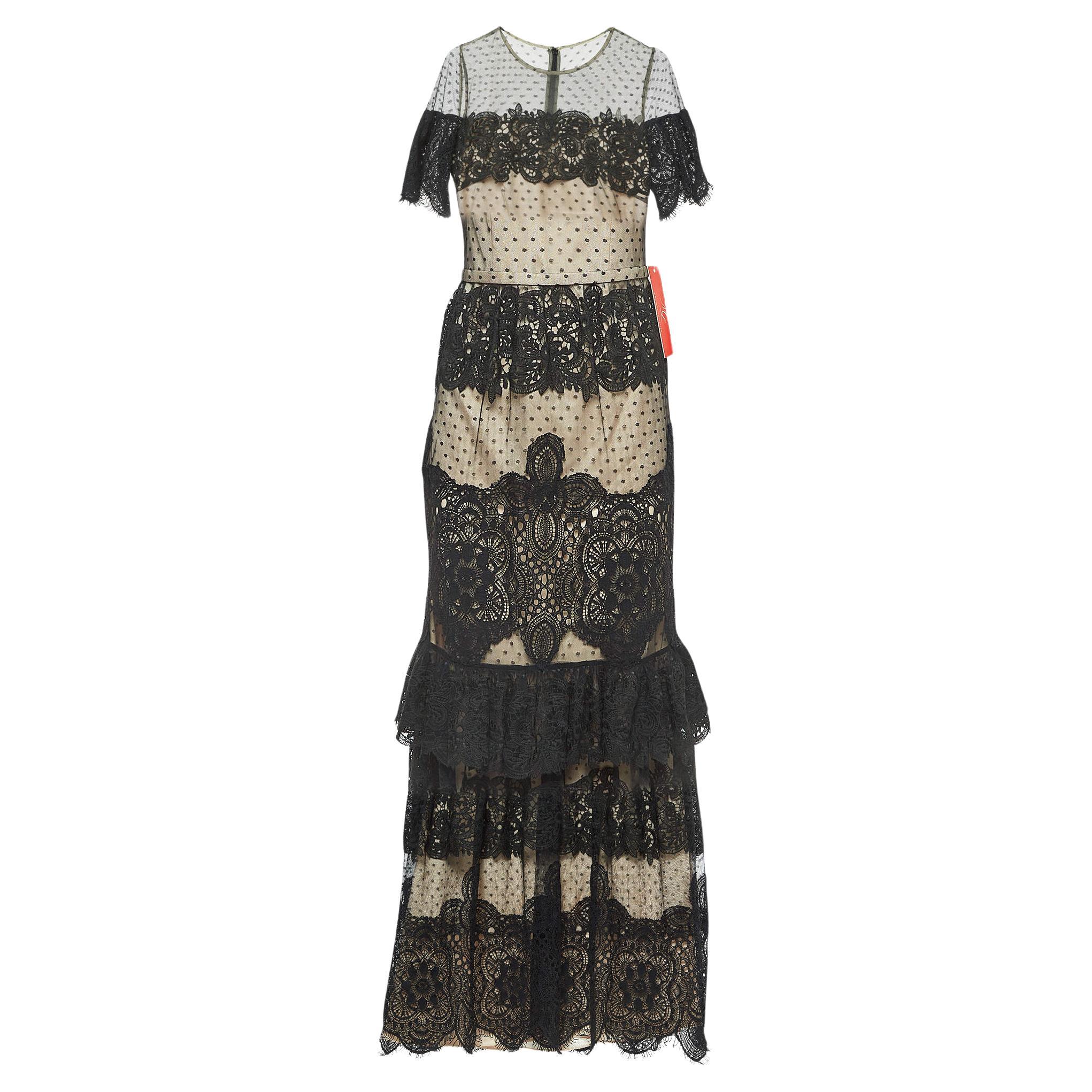 Monique Lhuillier Black Lace Short Sleeve Maxi Dress S For Sale