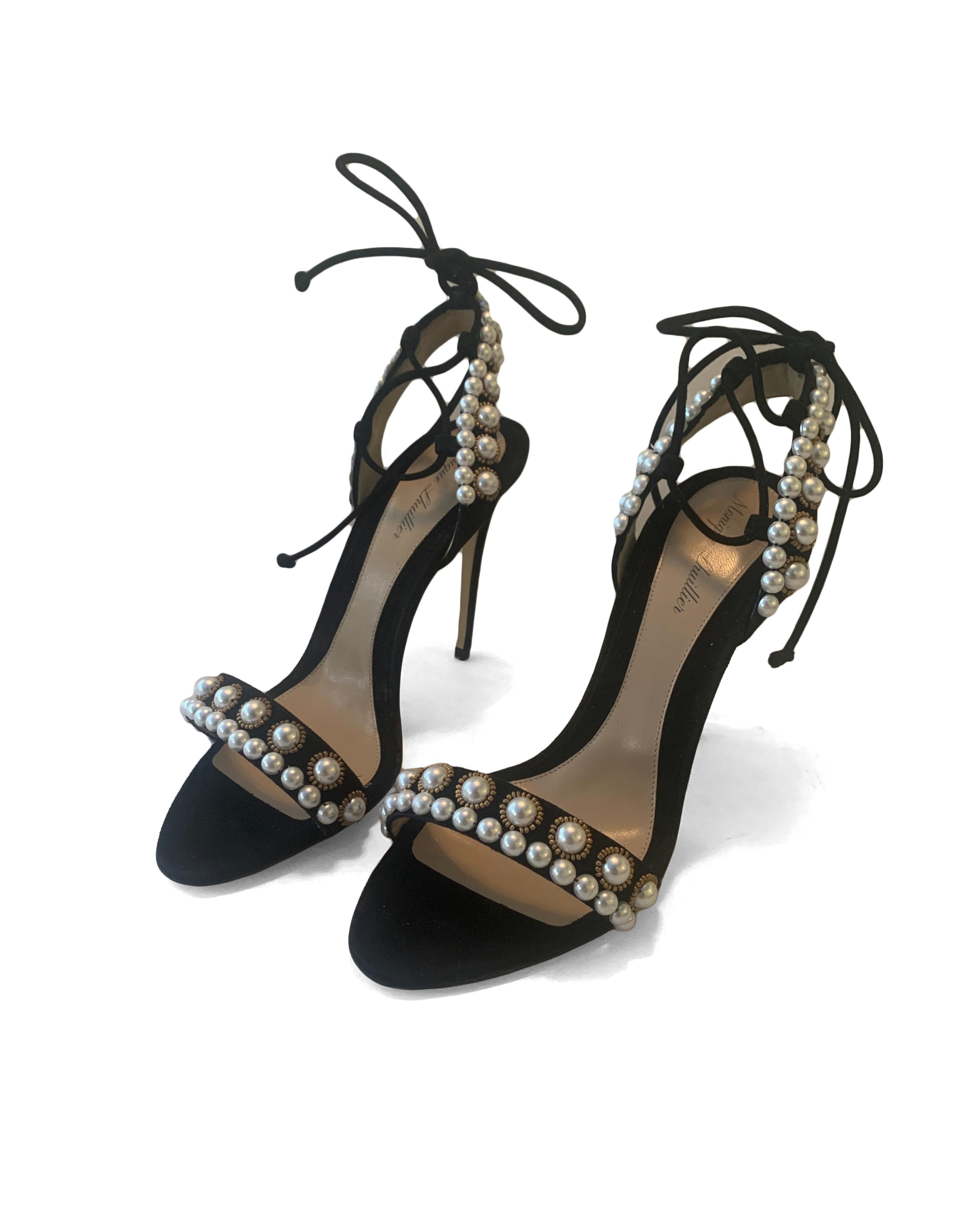 Monique Lhuillier Black Suede Faux Pearl Reese Sandals sz 38.5

Made In: Italy
Color: Black with ivory and gold
Hardware: Goldtone
Materials: Suede, faux pearl, metal beads
Closure/Opening: Ankle strap tie
Overall Condition: Very good.  Although