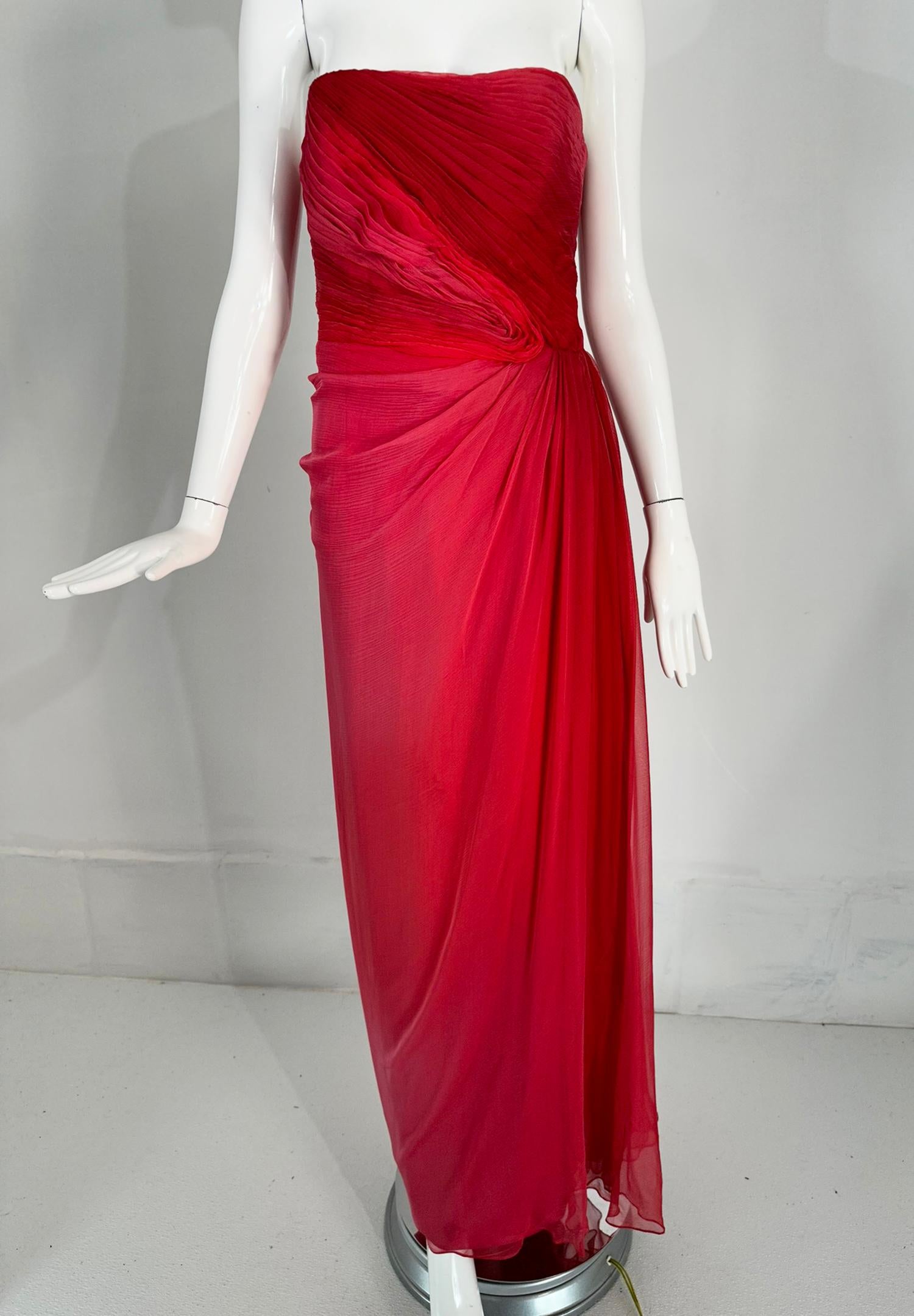 Monique Lhuillier Collection Red Pink Pleated Ombre Silk Chiffon Strapless Gown  For Sale 6