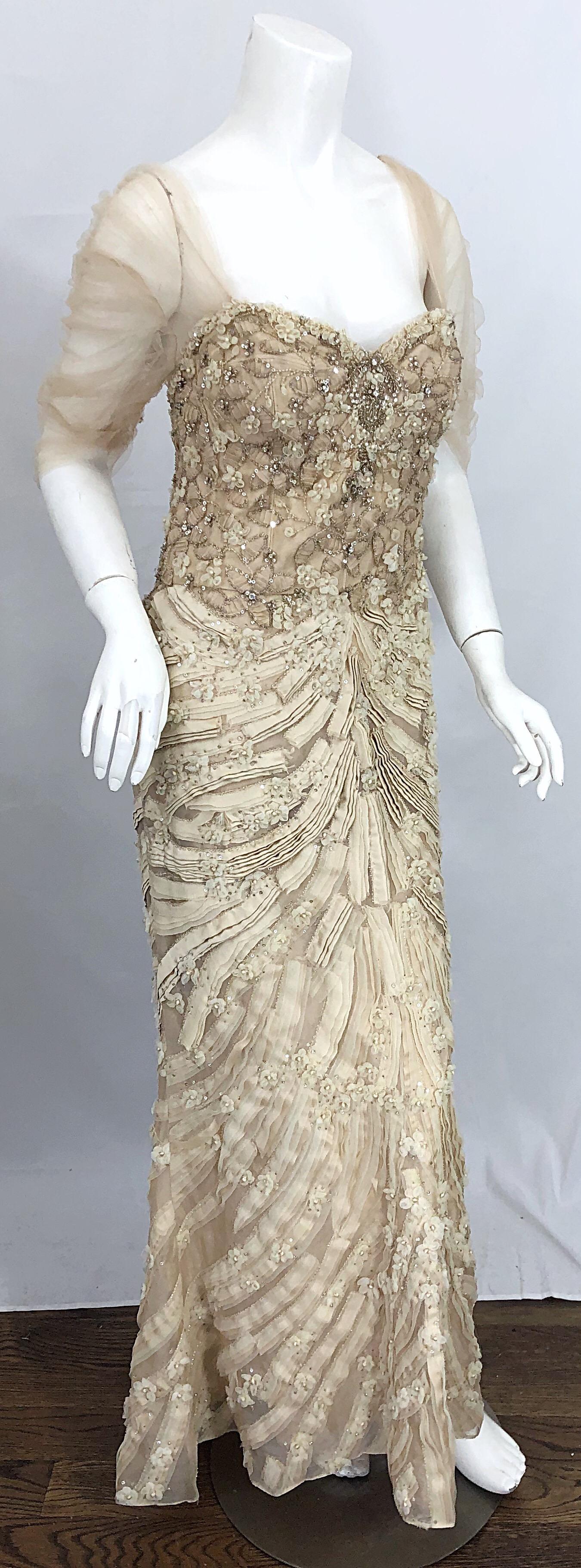 Monique Lhuillier Couture Size 10 / 12 Beige Rhinestone Beaded $12, 000 Silk Gown 3