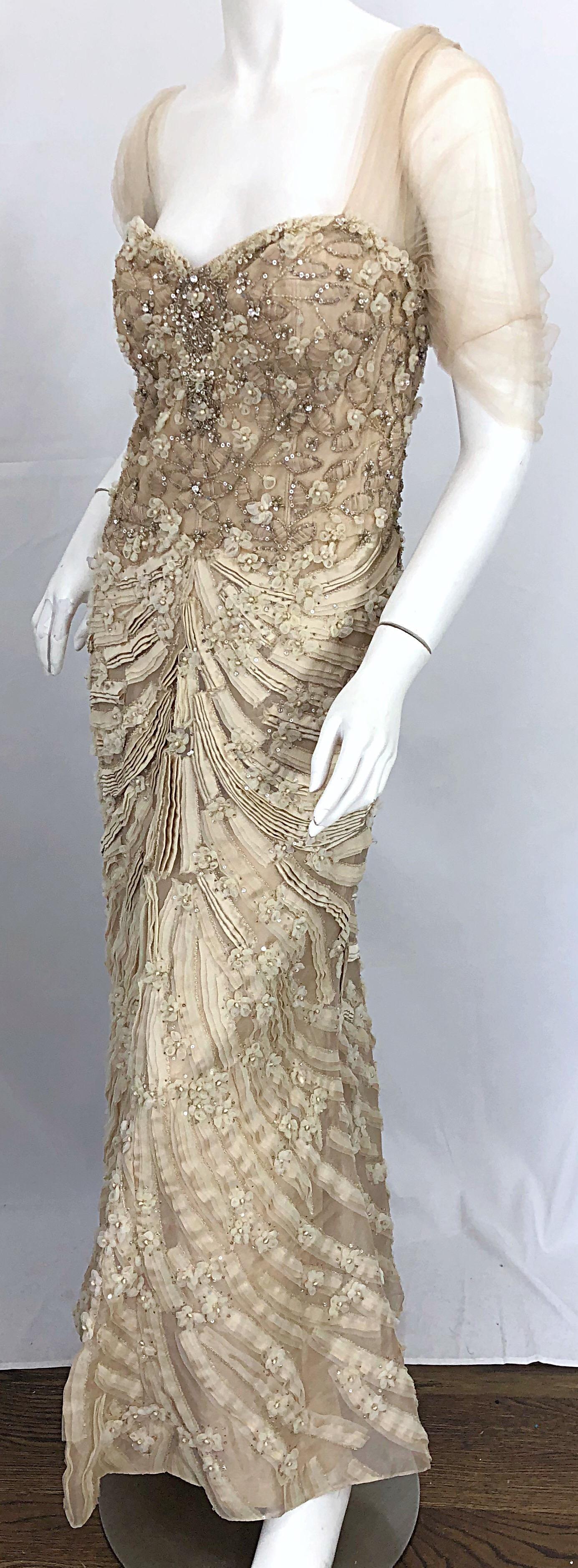 Monique Lhuillier Couture Size 10 / 12 Beige Rhinestone Beaded $12, 000 Silk Gown 4