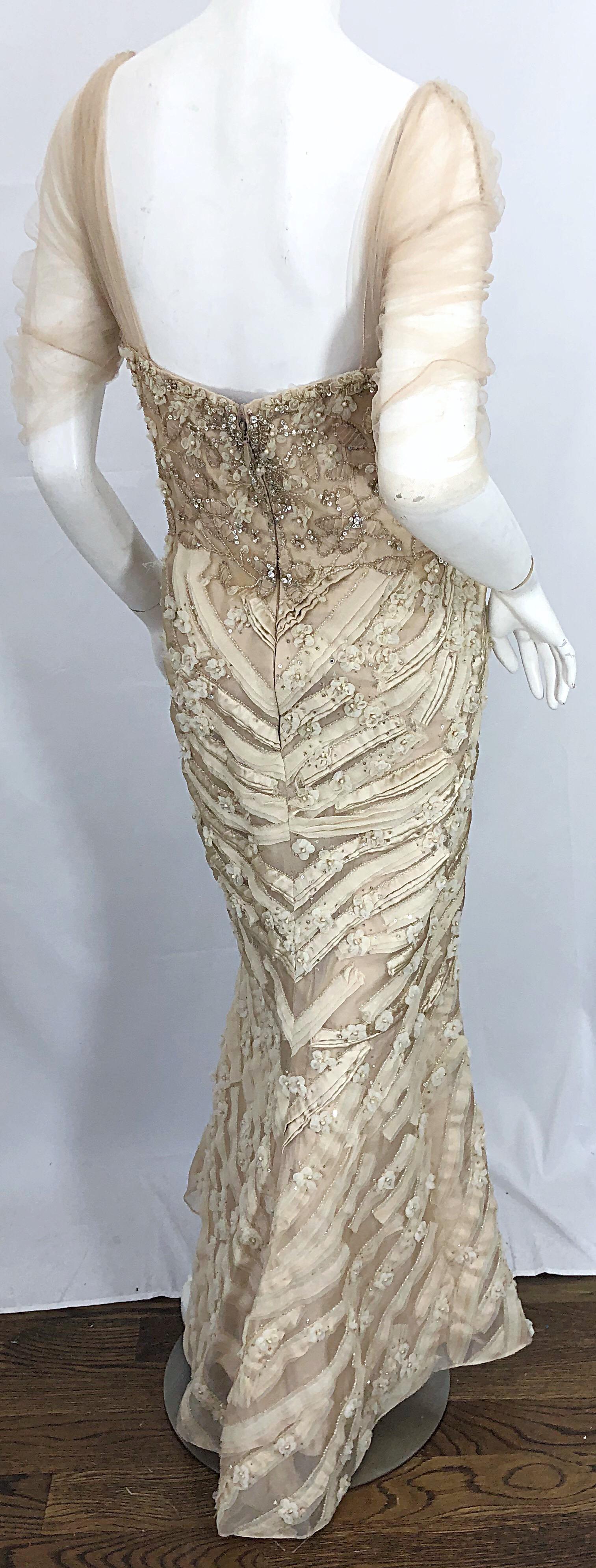 Monique Lhuillier Couture Size 10 / 12 Beige Rhinestone Beaded $12, 000 Silk Gown 5