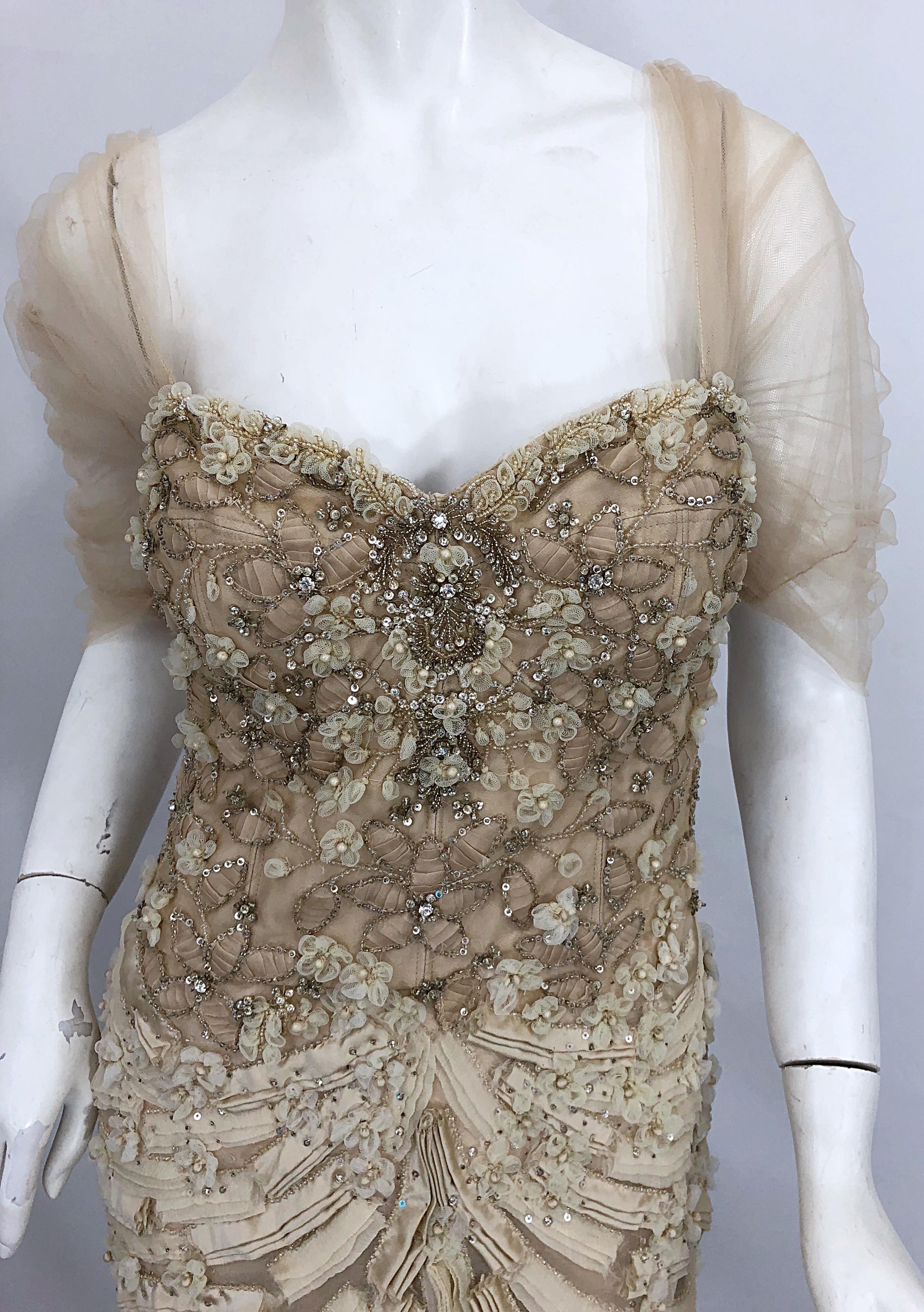 Monique Lhuillier Couture Size 10 / 12 Beige Rhinestone Beaded $12, 000 Silk Gown 6