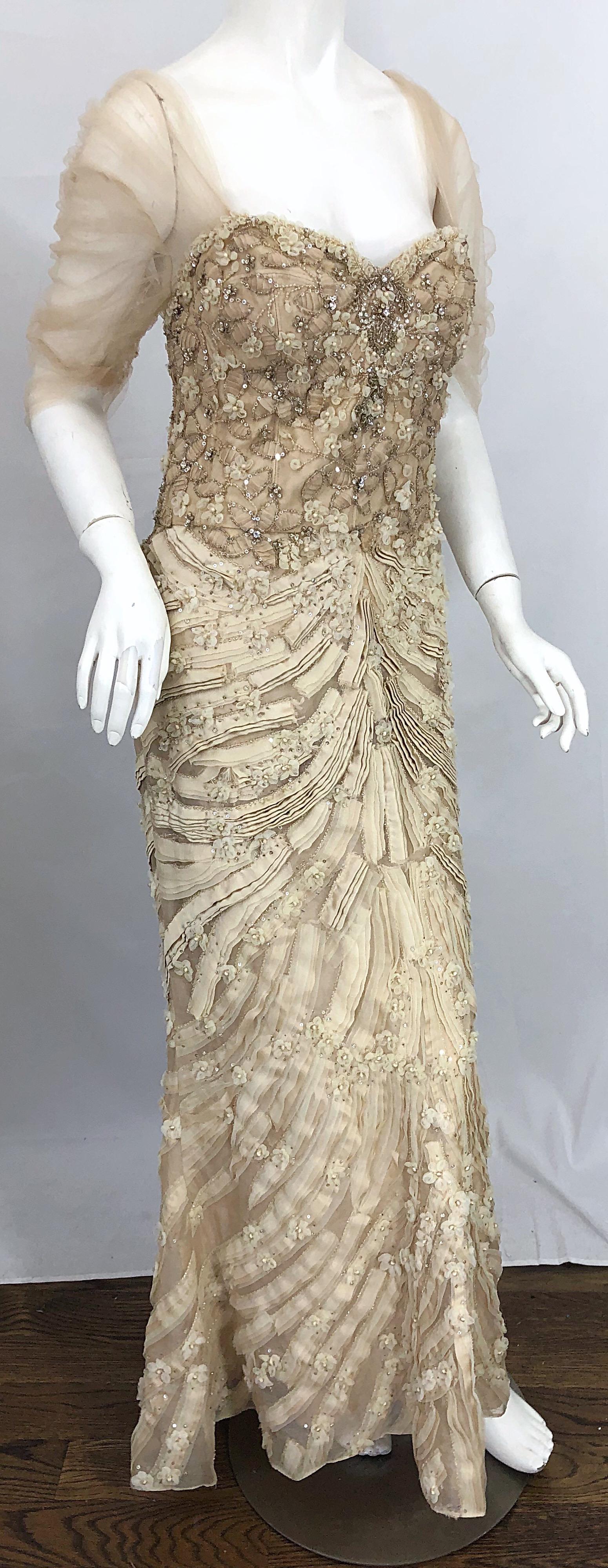 Monique Lhuillier Couture Size 10 / 12 Beige Rhinestone Beaded $12, 000 Silk Gown 7