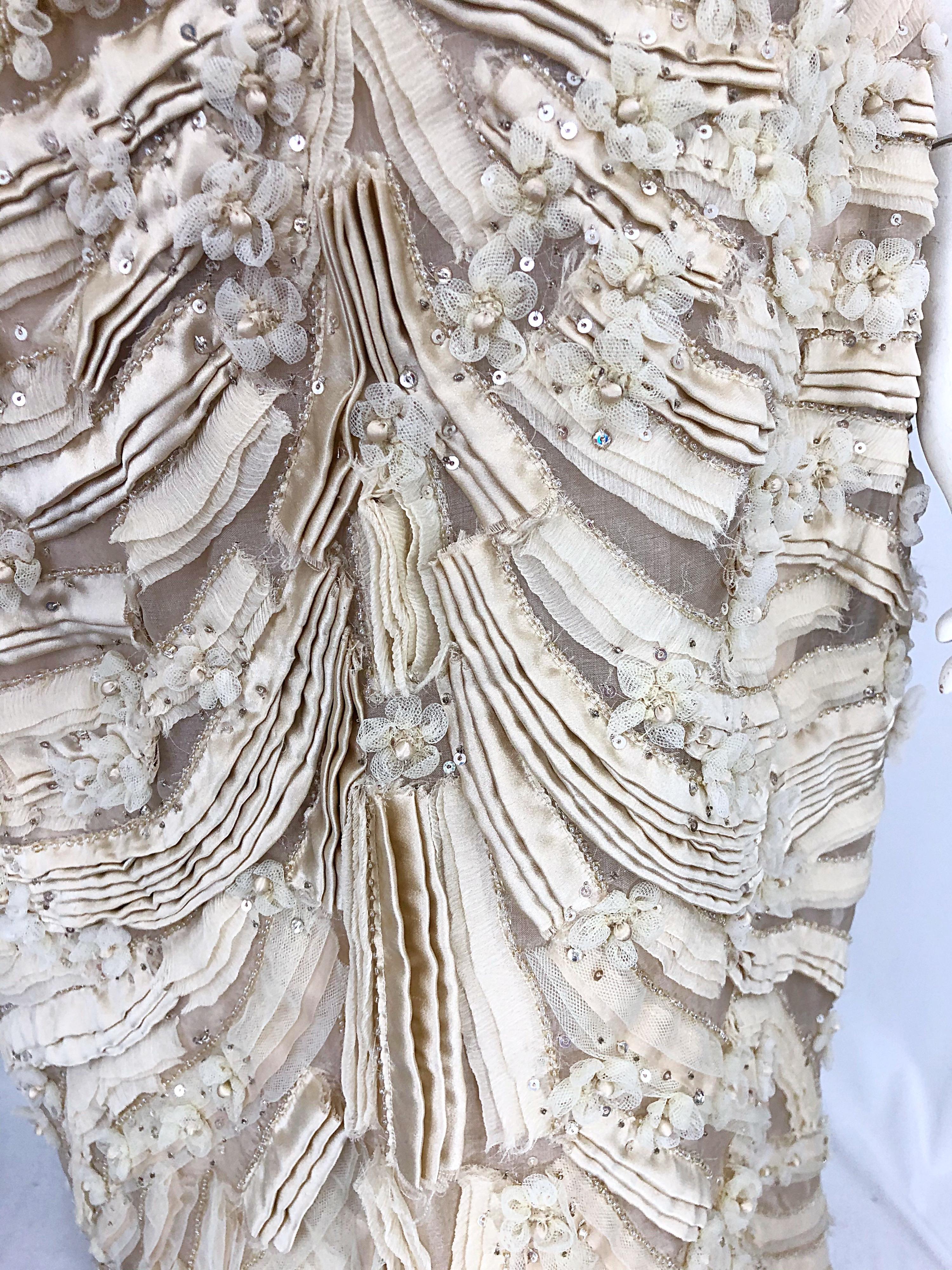 Monique Lhuillier Couture Size 10 / 12 Beige Rhinestone Beaded $12, 000 Silk Gown 8