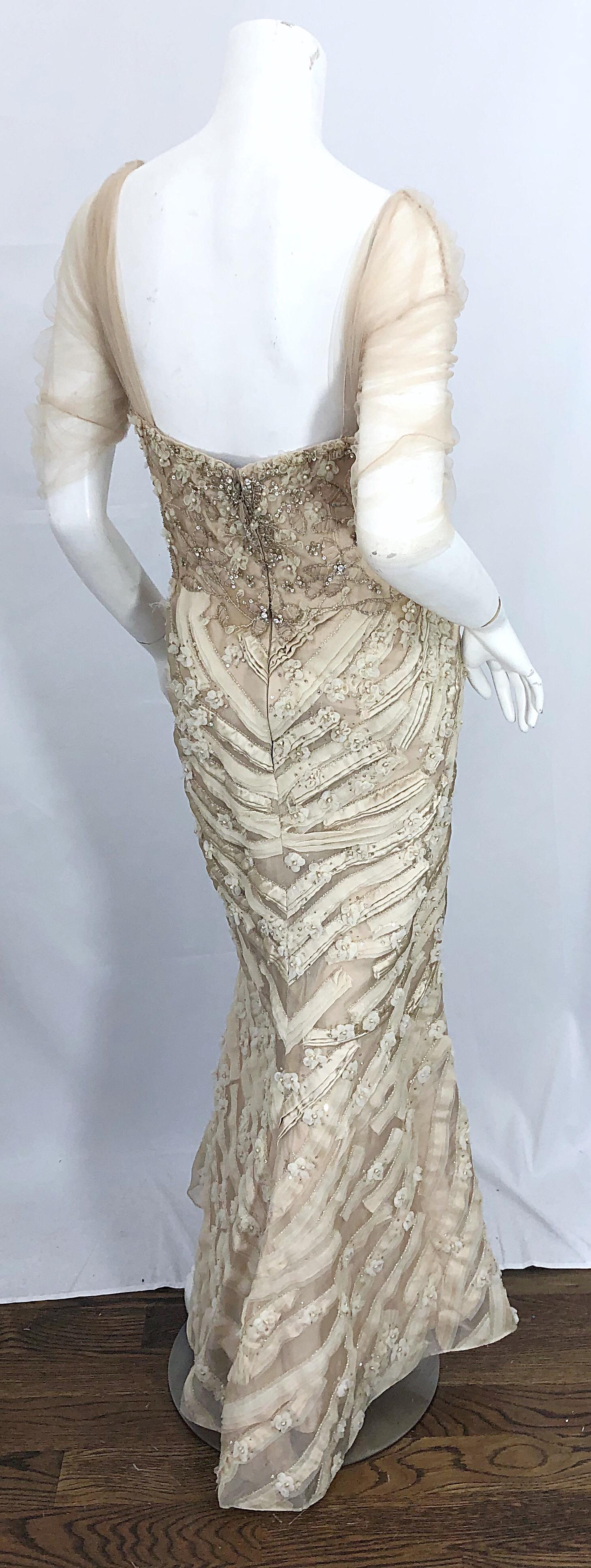 Monique Lhuillier Couture Size 10 / 12 Beige Rhinestone Beaded $12, 000 Silk Gown 9