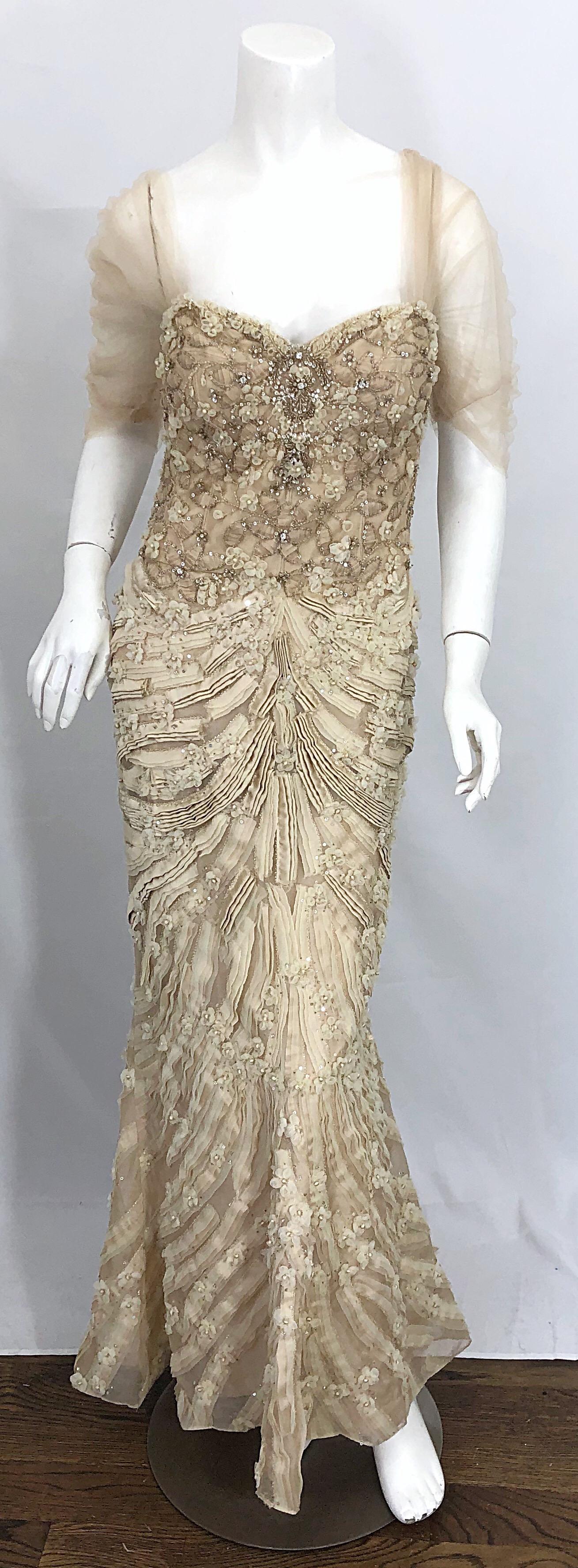 Stunning MONIQUE LHUILLIER Size 10 / 12 beige rhinestone beaded silk evening mermaid gown / dress! Words cannot even begin to describe the intricate details on this rare gem that retailed for over $12k. The ribbon detail is phenomenal, and