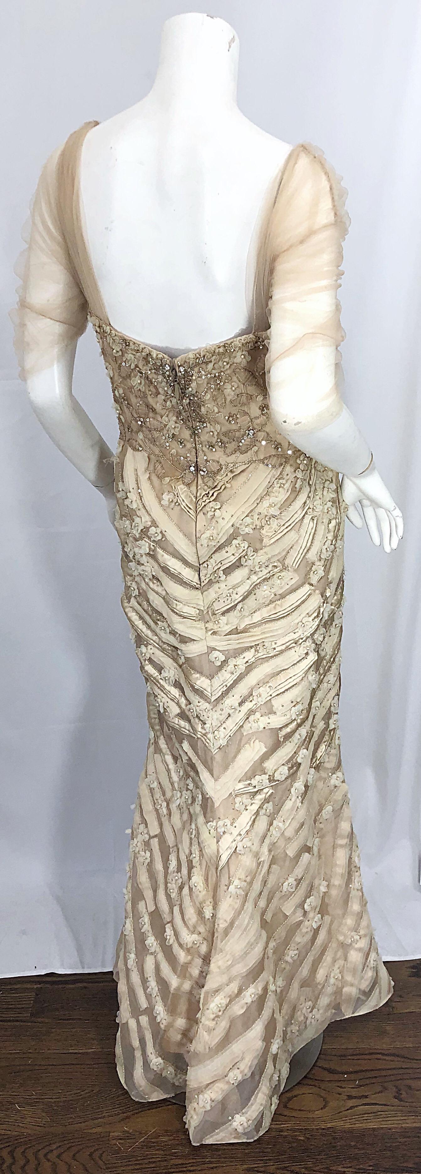 Monique Lhuillier Couture Size 10 / 12 Beige Rhinestone Beaded $12, 000 Silk Gown In Good Condition In San Diego, CA