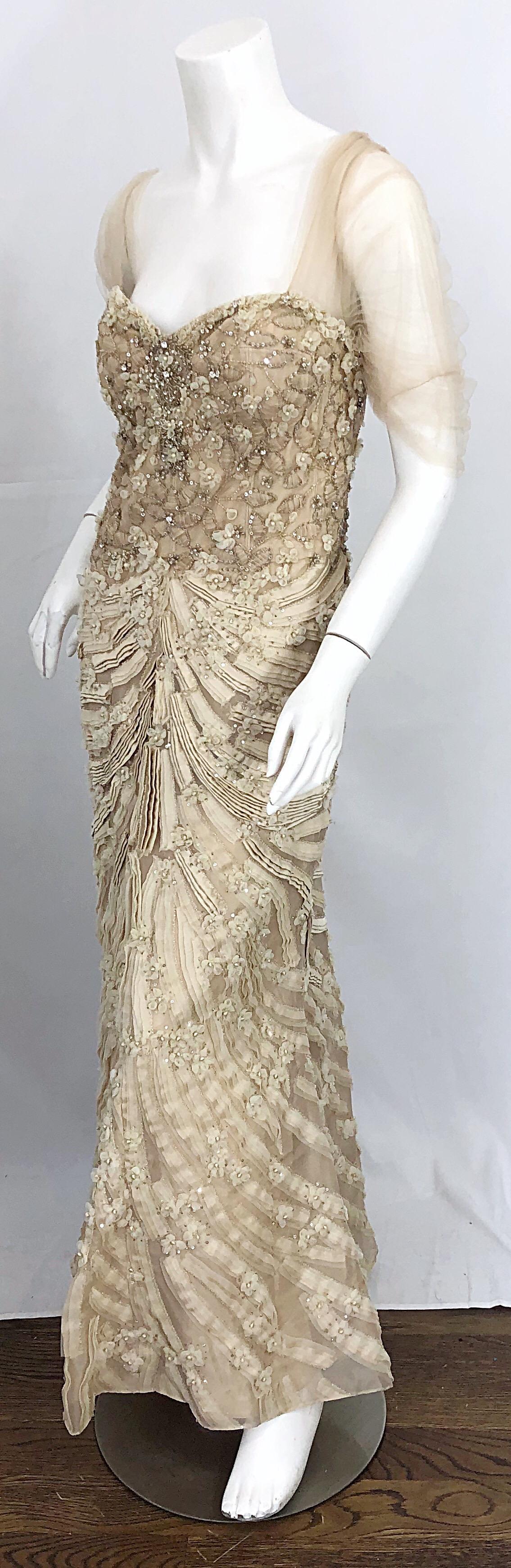 Women's Monique Lhuillier Couture Size 10 / 12 Beige Rhinestone Beaded $12, 000 Silk Gown