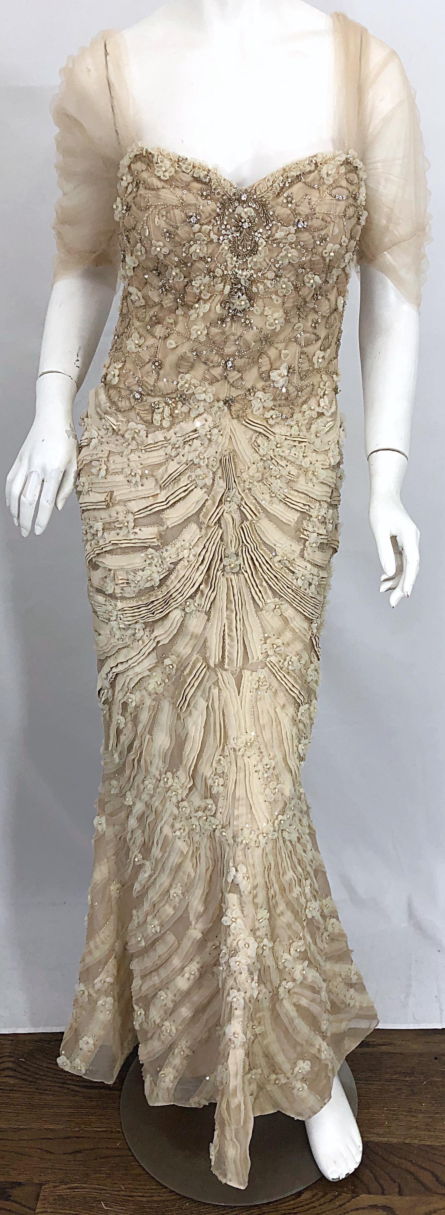 Monique Lhuillier Couture Size 10 / 12 Beige Rhinestone Beaded $12, 000 Silk Gown 1
