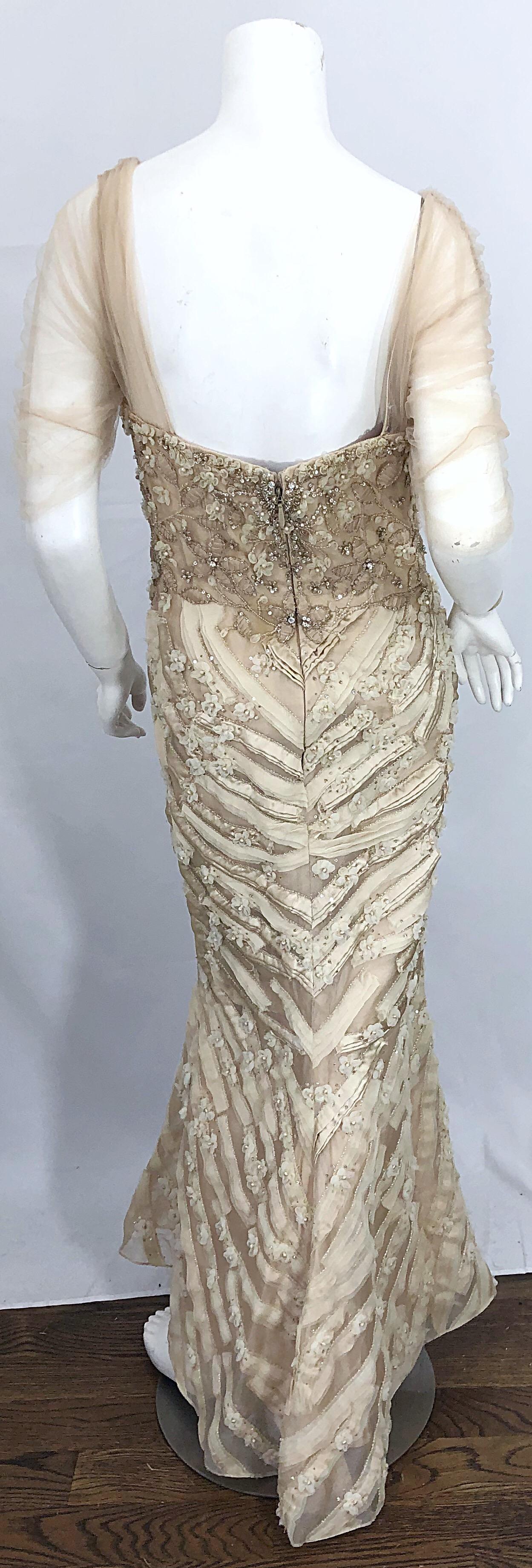 Monique Lhuillier Couture Size 10 / 12 Beige Rhinestone Beaded $12, 000 Silk Gown 2