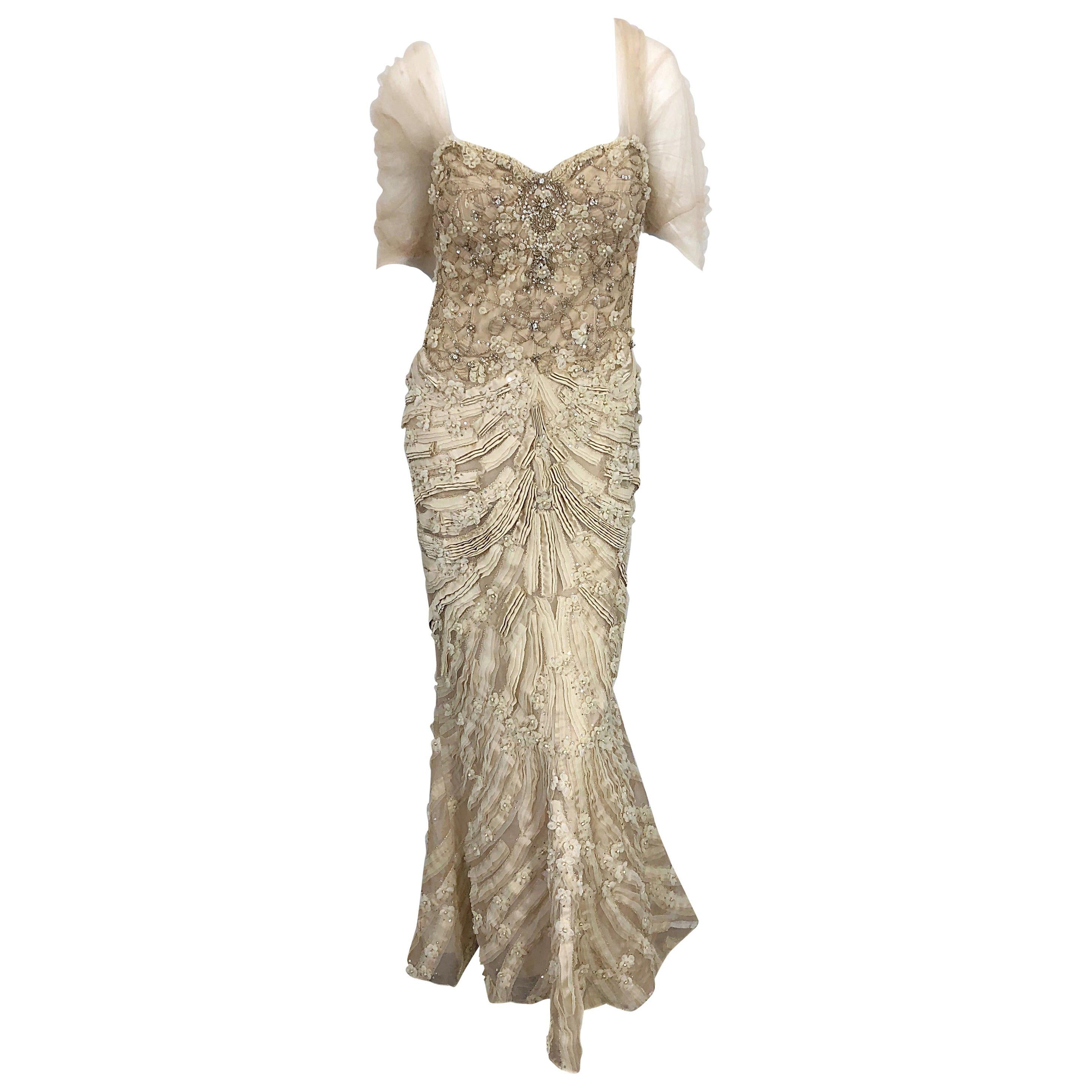 Monique Lhuillier Couture Size 10 / 12 Beige Rhinestone Beaded $12, 000 Silk Gown