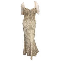 Used Monique Lhuillier Couture Size 10 / 12 Beige Rhinestone Beaded $12, 000 Silk Gown