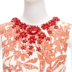 MONIQUE LHUILLIER cream red floral embellished collar sheath dress