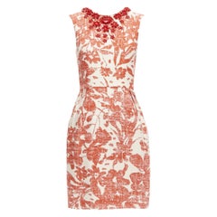 MONIQUE LHUILLIER cream red floral embellished collar sheath dress