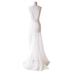 Monique Lhuillier F/W 2005 blanco marfil encaje transparente vestido de novia cola XS-S