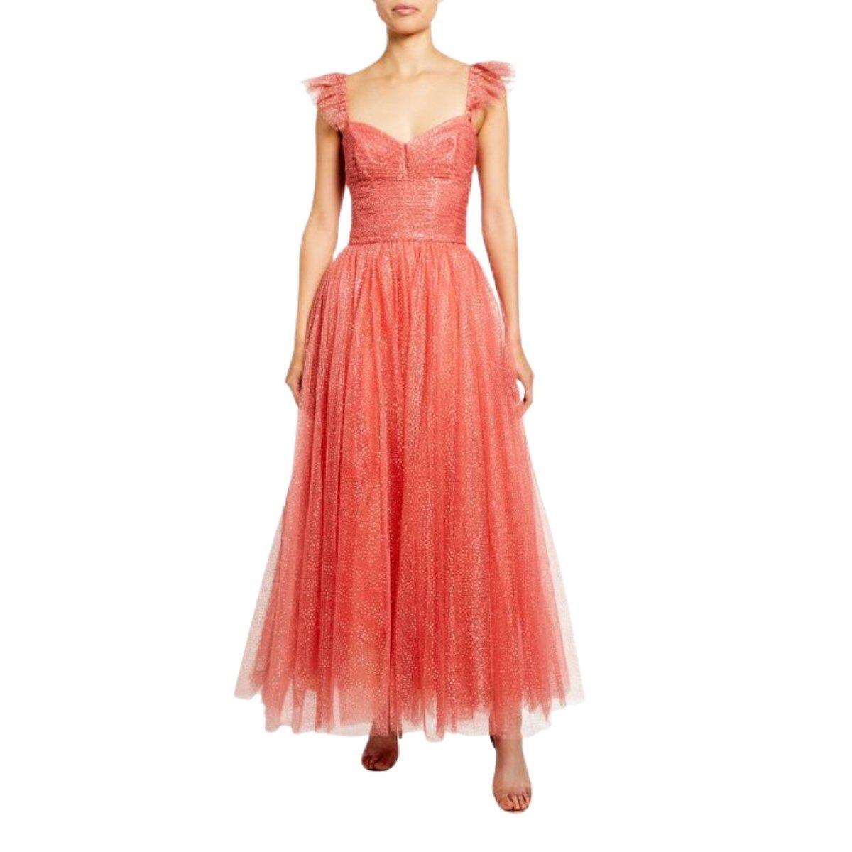 Monique Lhuillier's sleeveless tulle gown is designed with flutter straps, a sweetheart neckline and glitter throughout. Tailored to a maxi length, its ruched fitted bodice is complemented by a fluid A-line skirt
Coral tulle exterior
Coral silk