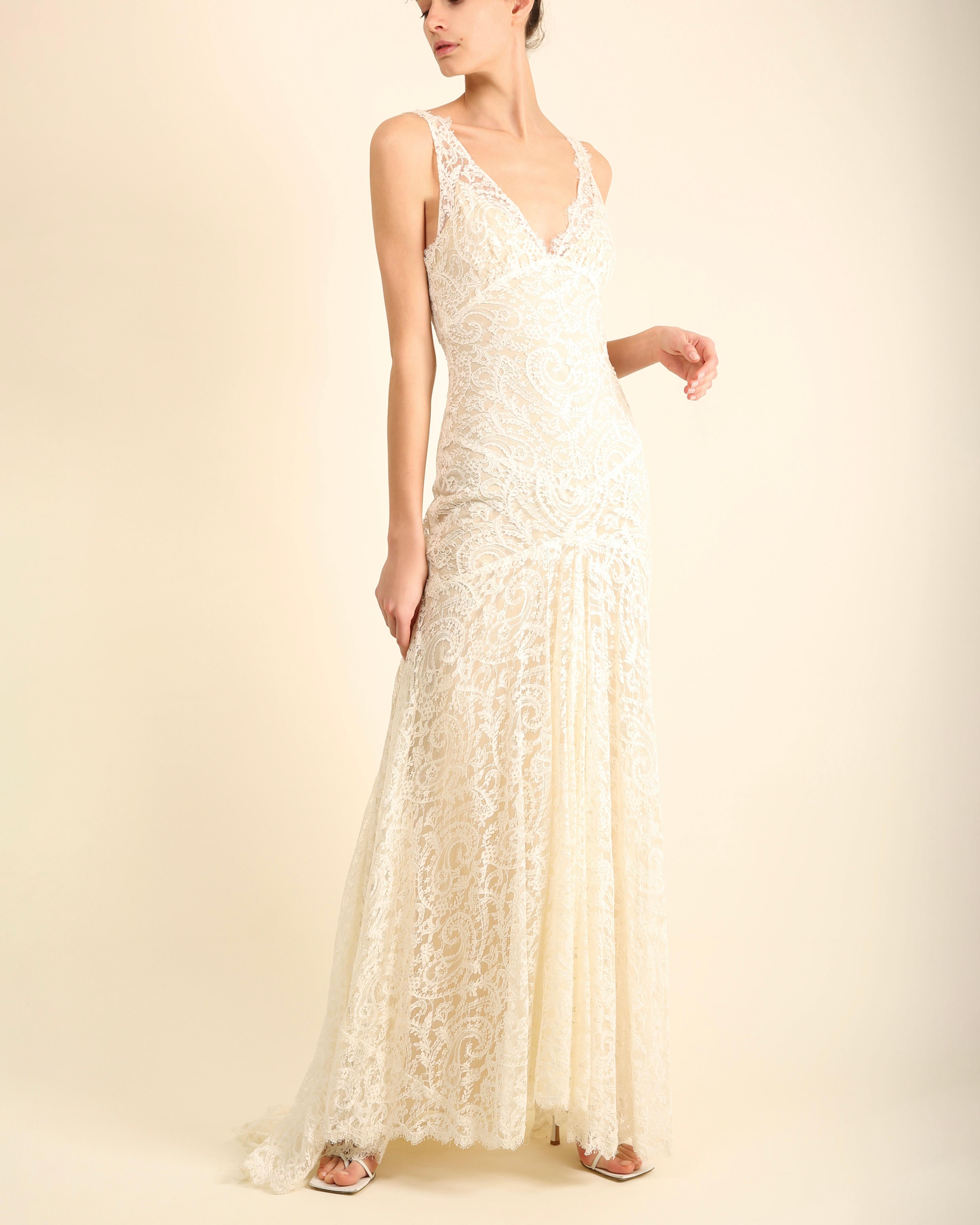 Monique Lhuillier ivory lace plunging backless wedding gown with train dress  7