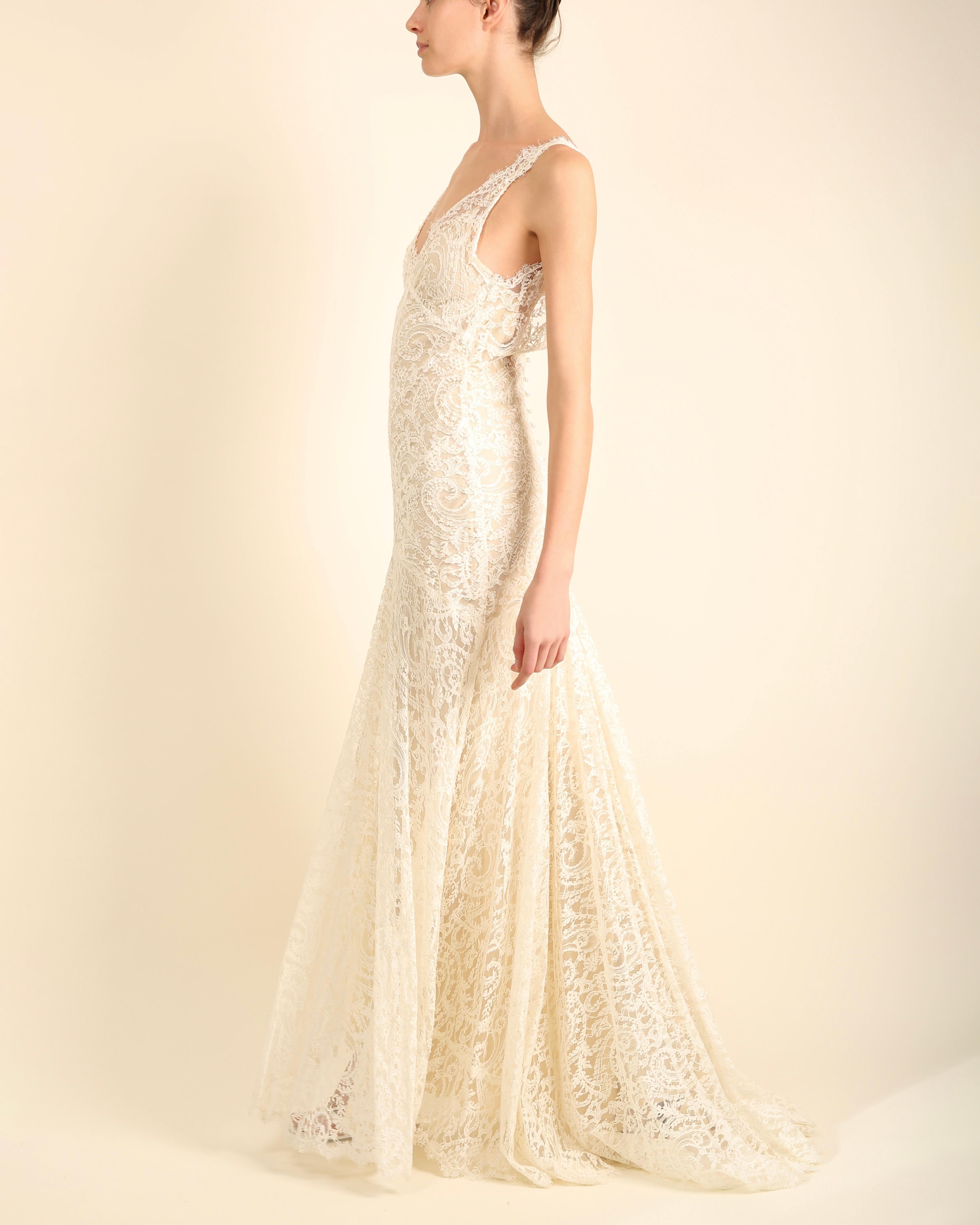Monique Lhuillier ivory lace plunging backless wedding gown with train dress  9