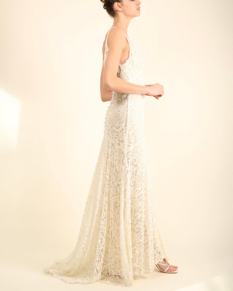 Monique Lhuillier ivory lace plunging backless wedding gown with train dress at 1stDibs Monique Lhuillier ivory lace plunging backless wedding gown with train dress at 1stDibs
