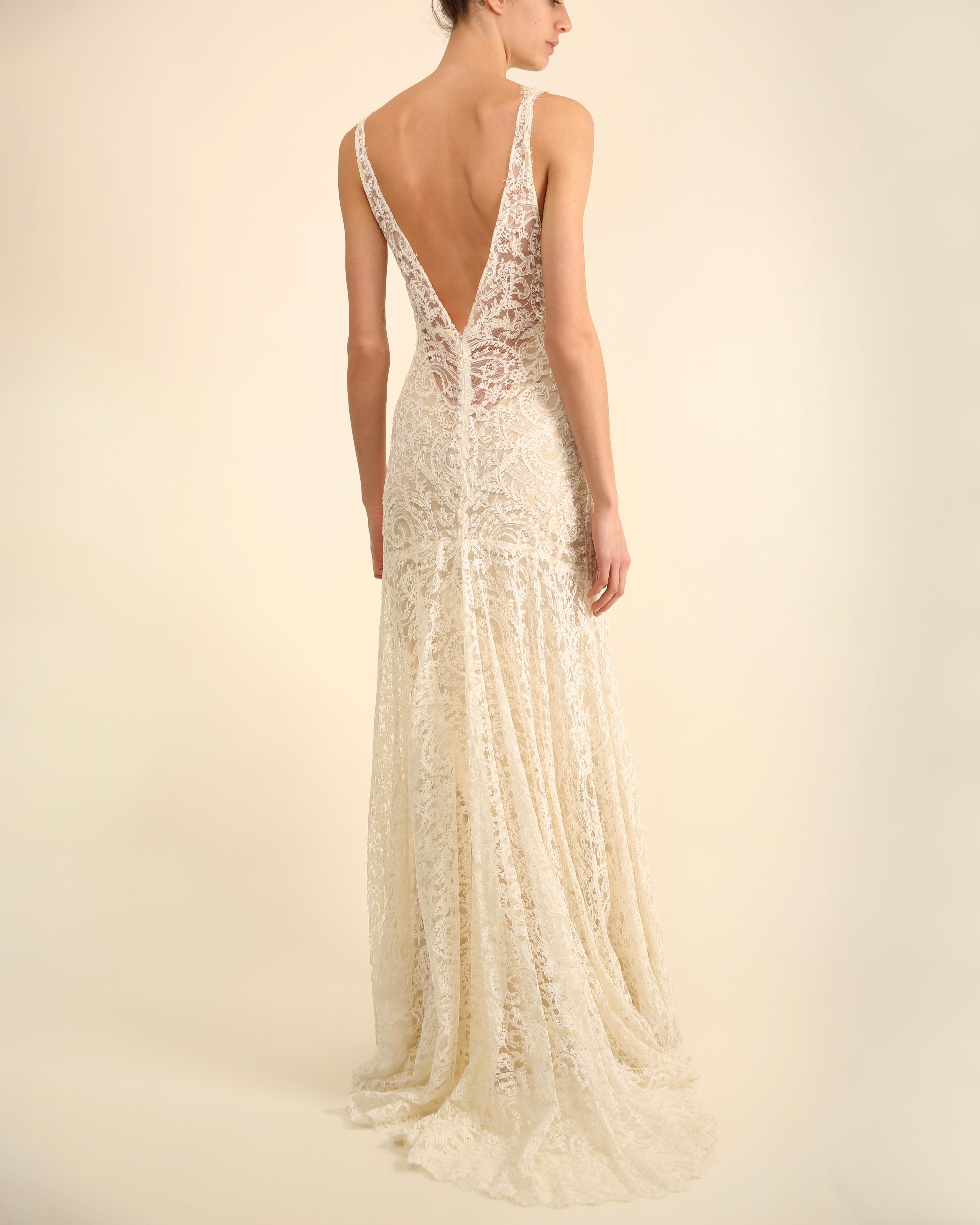 Monique Lhuillier ivory lace plunging backless wedding gown with train dress  12