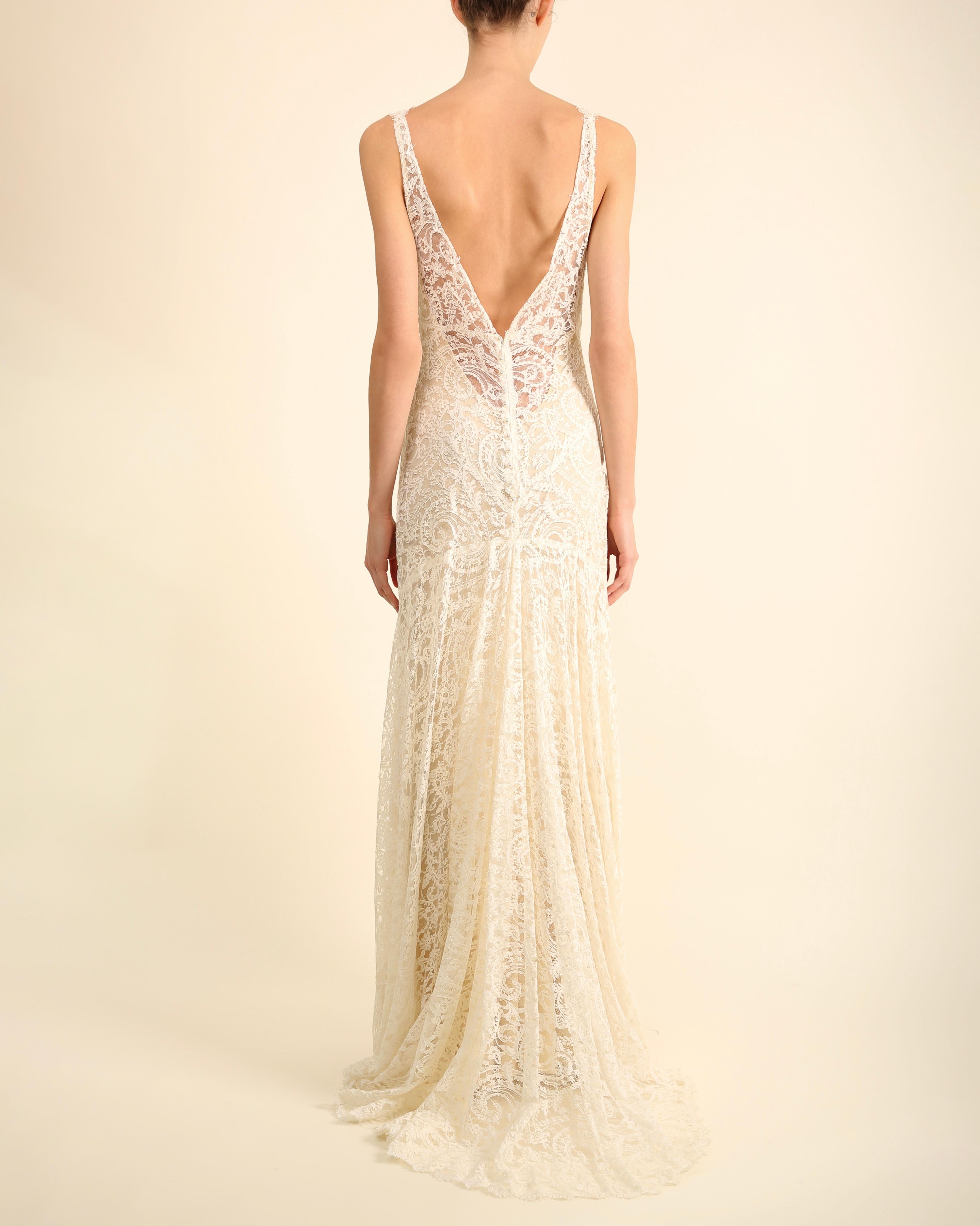 Monique Lhuillier ivory lace plunging backless wedding gown with train dress  13