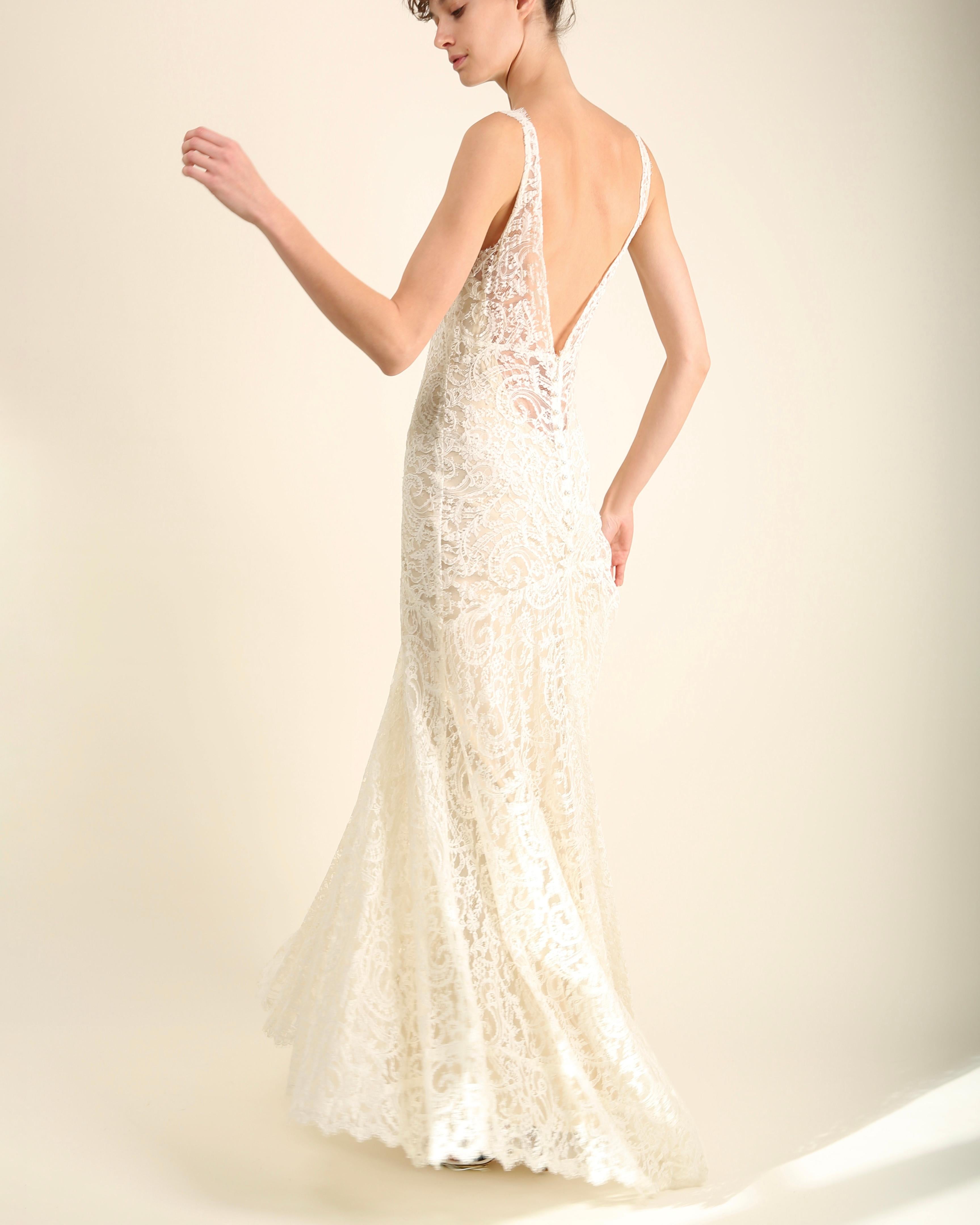 Monique Lhuillier ivory lace plunging backless wedding gown with train dress  4