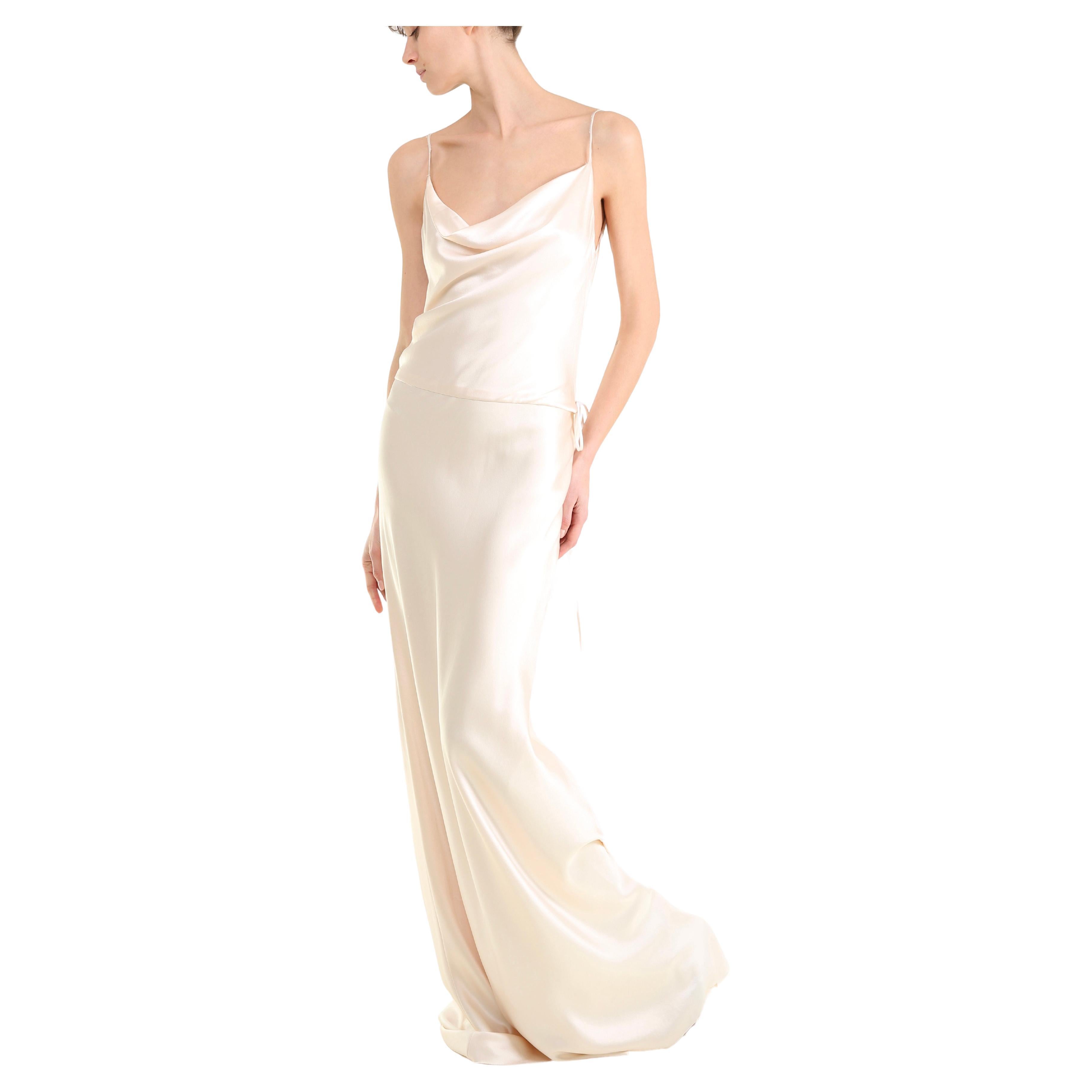 Monique L'huillier ivory silk draped wedding dress gown with low back and train For Sale