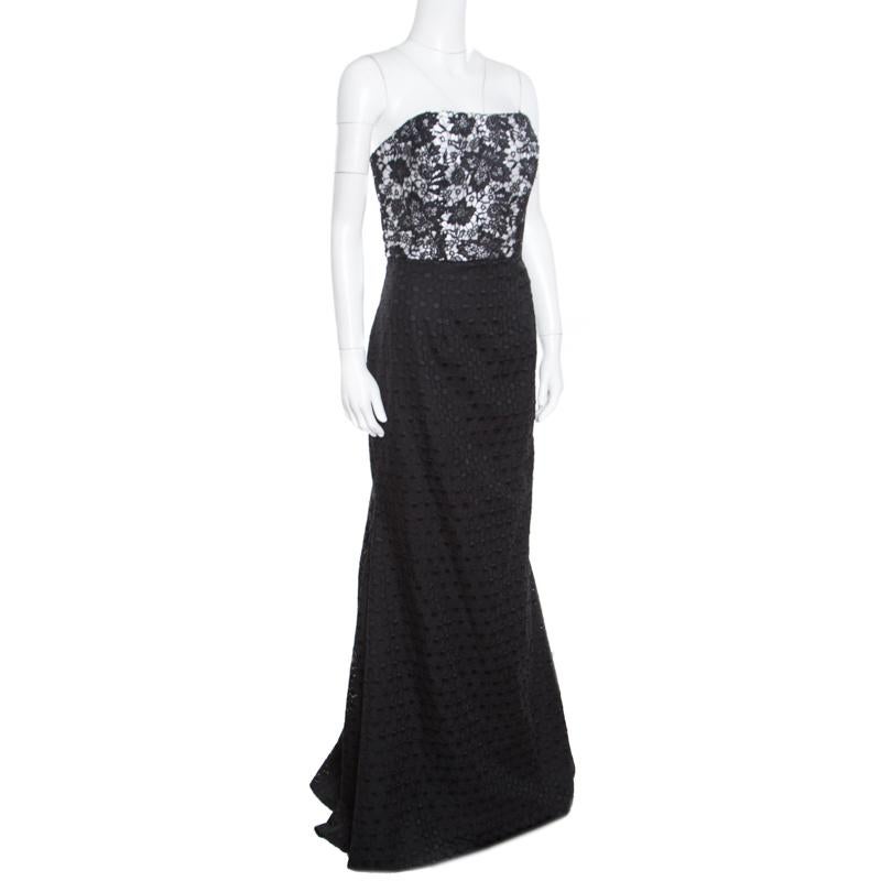 Black Monique Lhuillier Monochrome Floral Lace Bodice Detail Flared Strapless Gown L