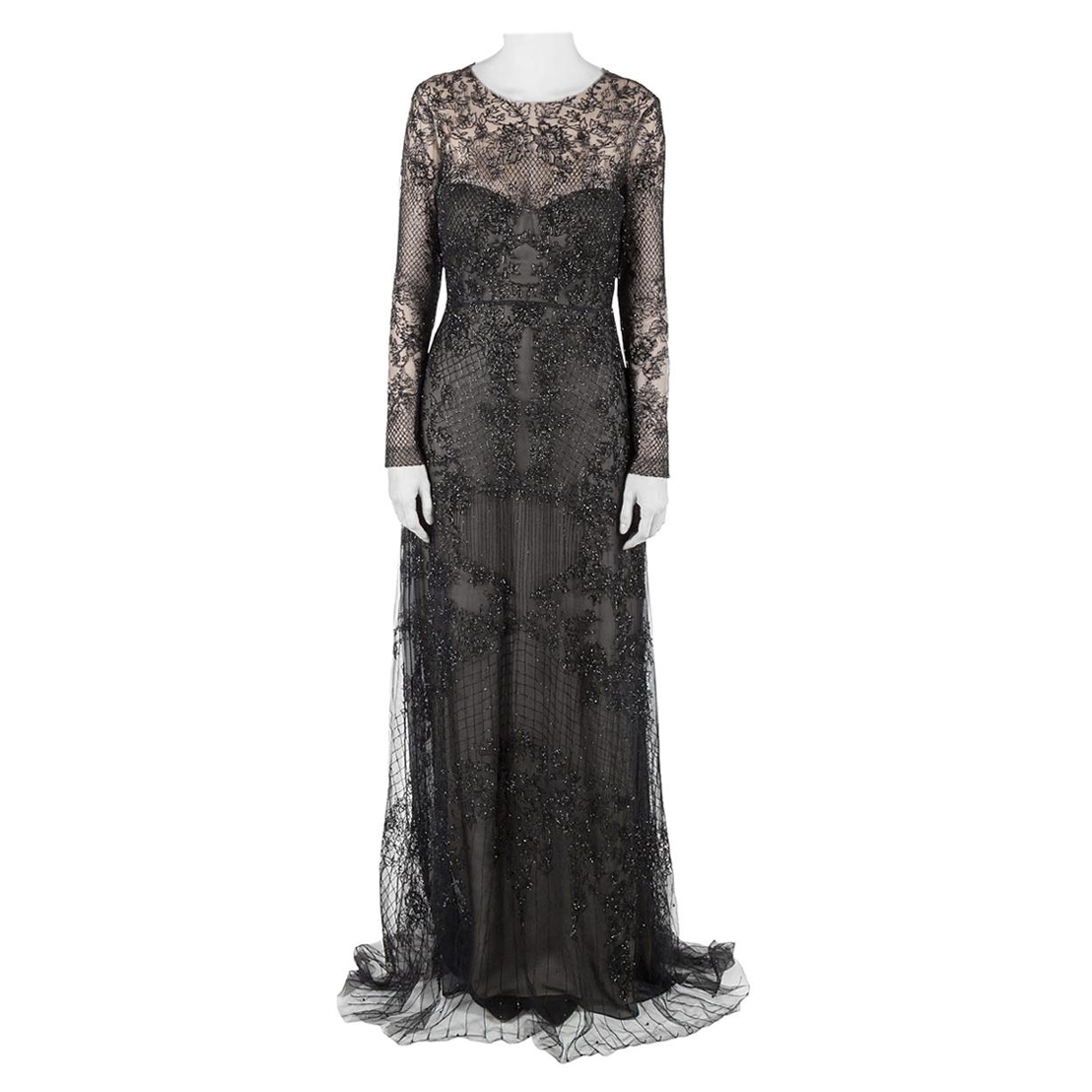 Monique Lhuillier Noir Black Embellished Long Sleeve Evening Gown S at ...