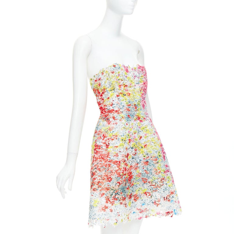 MONIQUE LHUILLIER pink neon tie dye floral lace applique fit flare dress  US4 M at 1stDibs