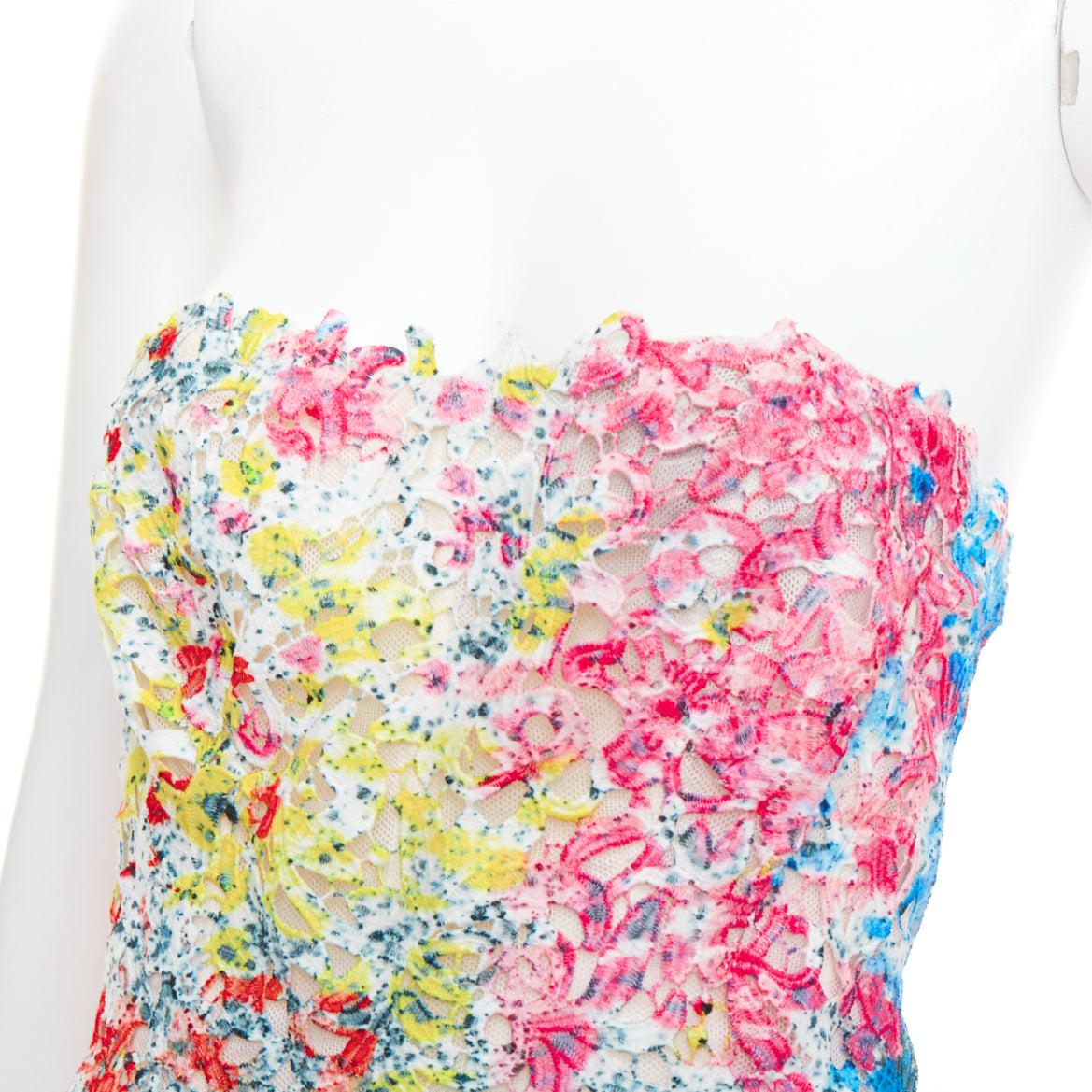 MONIQUE LHUILLIER Rosa Neon Krawatte Farbstoff Floral Spitze Applique Fit Flare Kleid US4 M (Beige) im Angebot