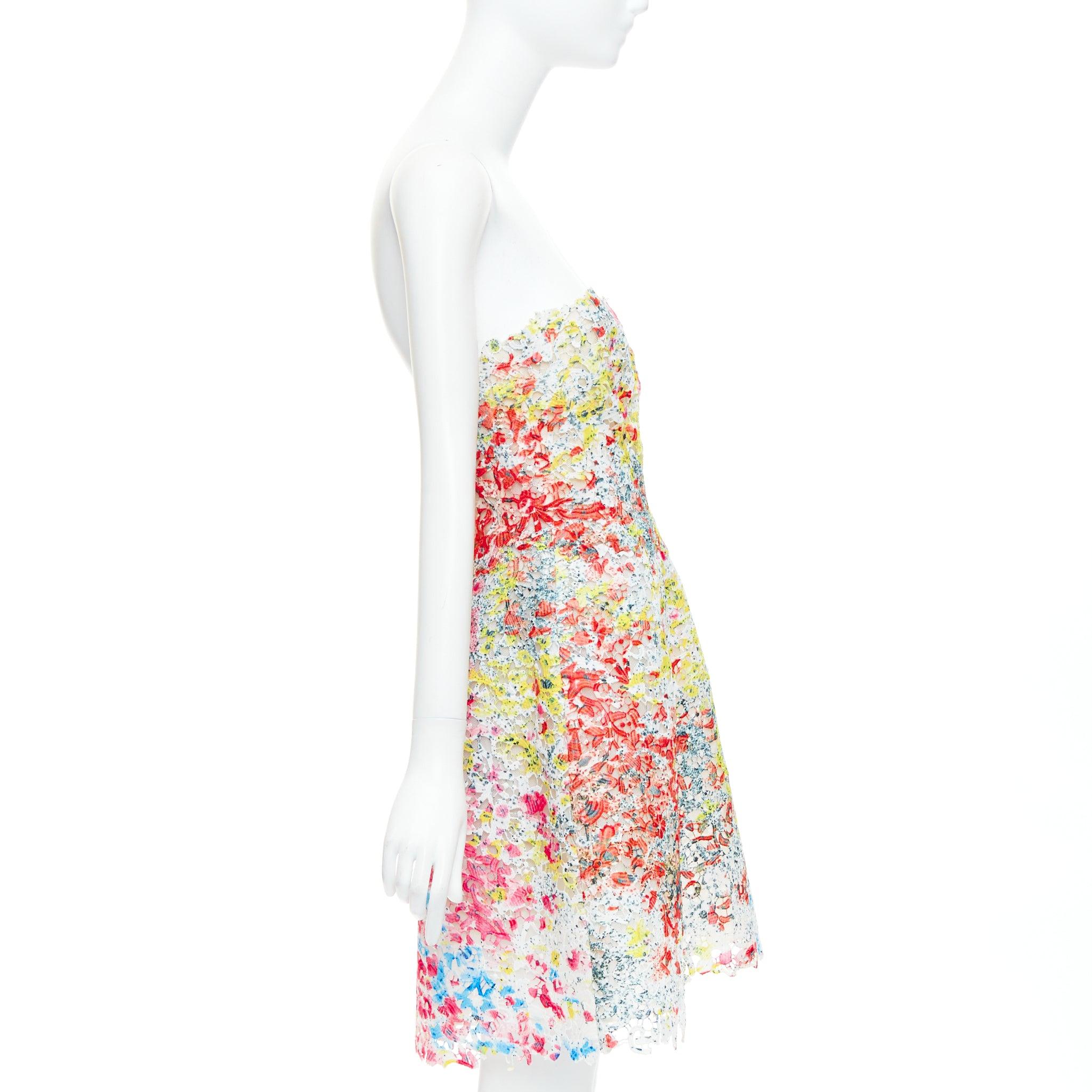 MONIQUE LHUILLIER pink neon tie dye floral lace applique fit flare dress US4 M In Excellent Condition In Hong Kong, NT