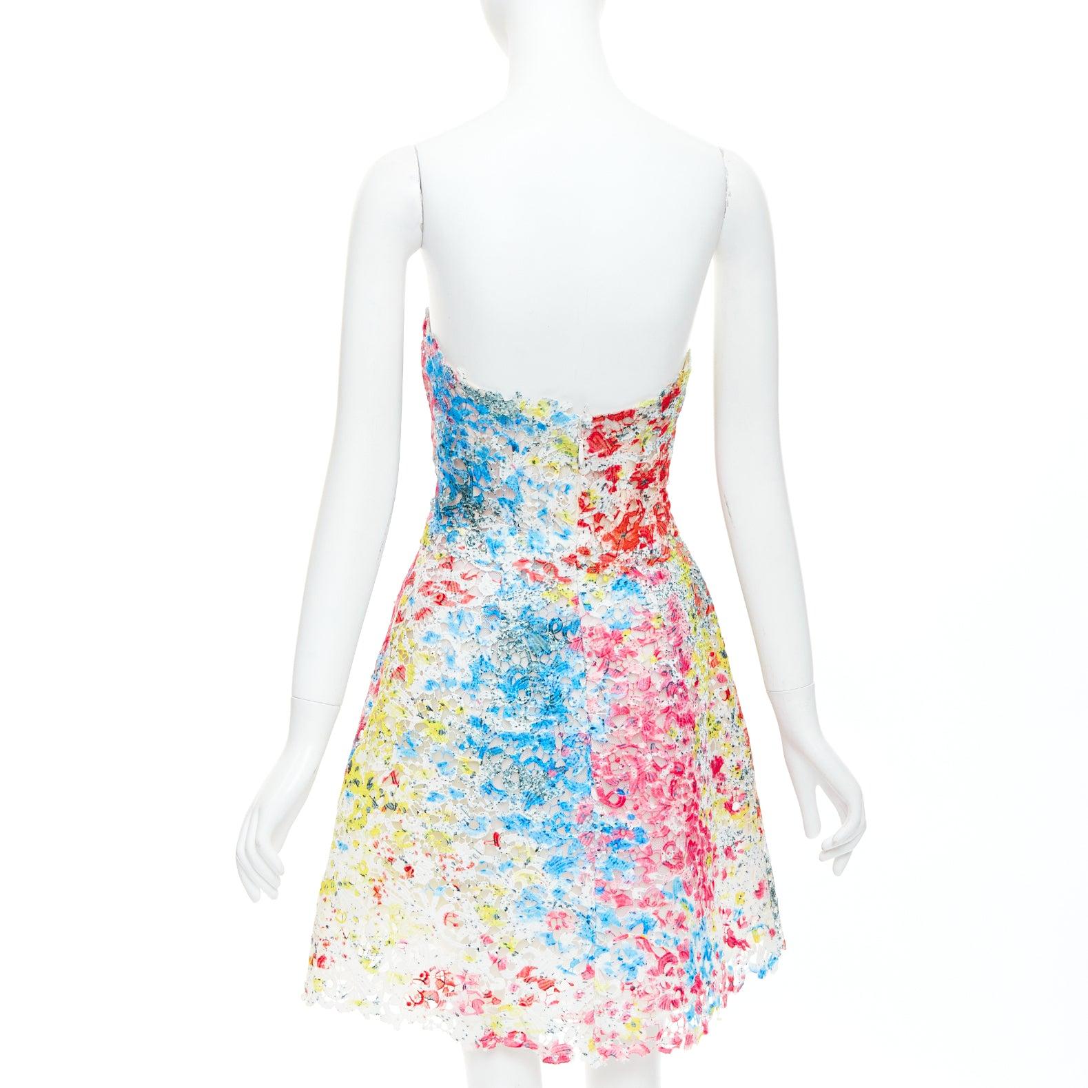 Women's MONIQUE LHUILLIER pink neon tie dye floral lace applique fit flare dress US4 M
