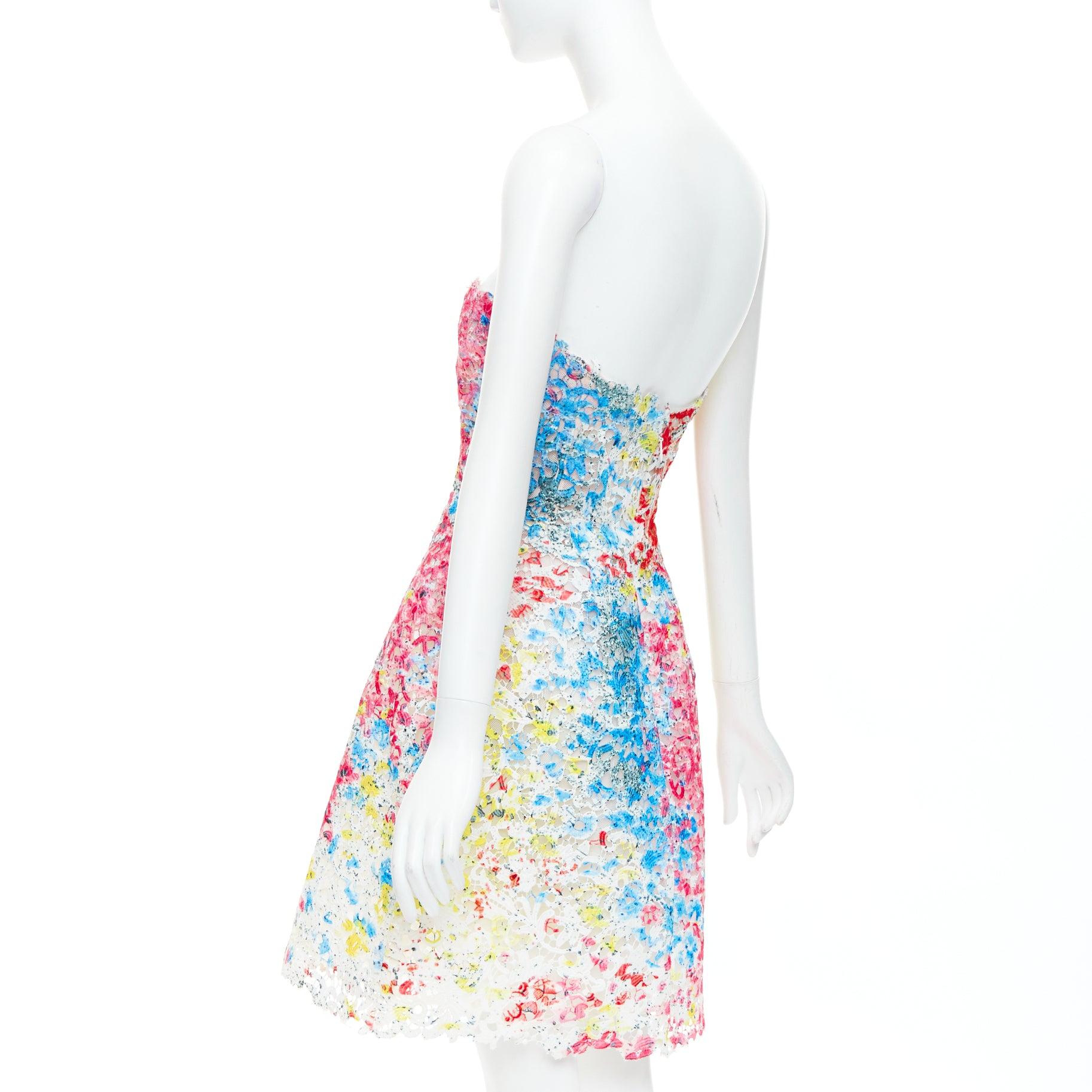 MONIQUE LHUILLIER pink neon tie dye floral lace applique fit flare dress US4 M 1