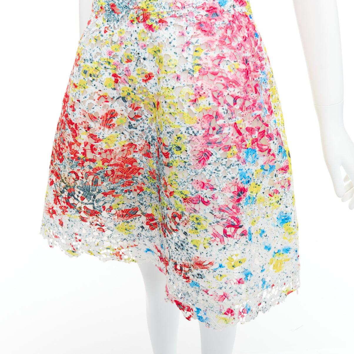 MONIQUE LHUILLIER pink neon tie dye floral lace applique fit flare dress US4 M 2