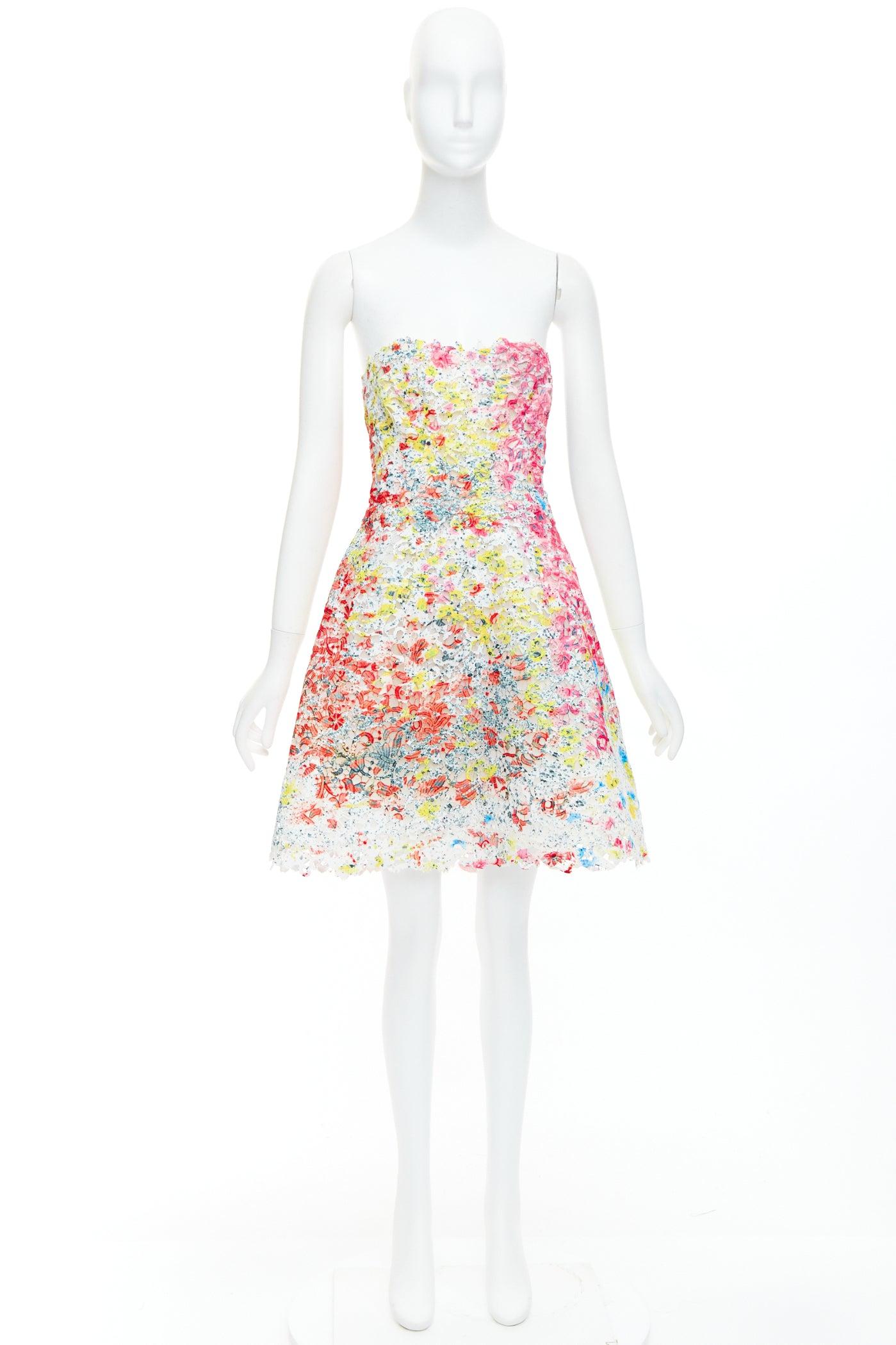 MONIQUE LHUILLIER pink neon tie dye floral lace applique fit flare dress US4 M 4