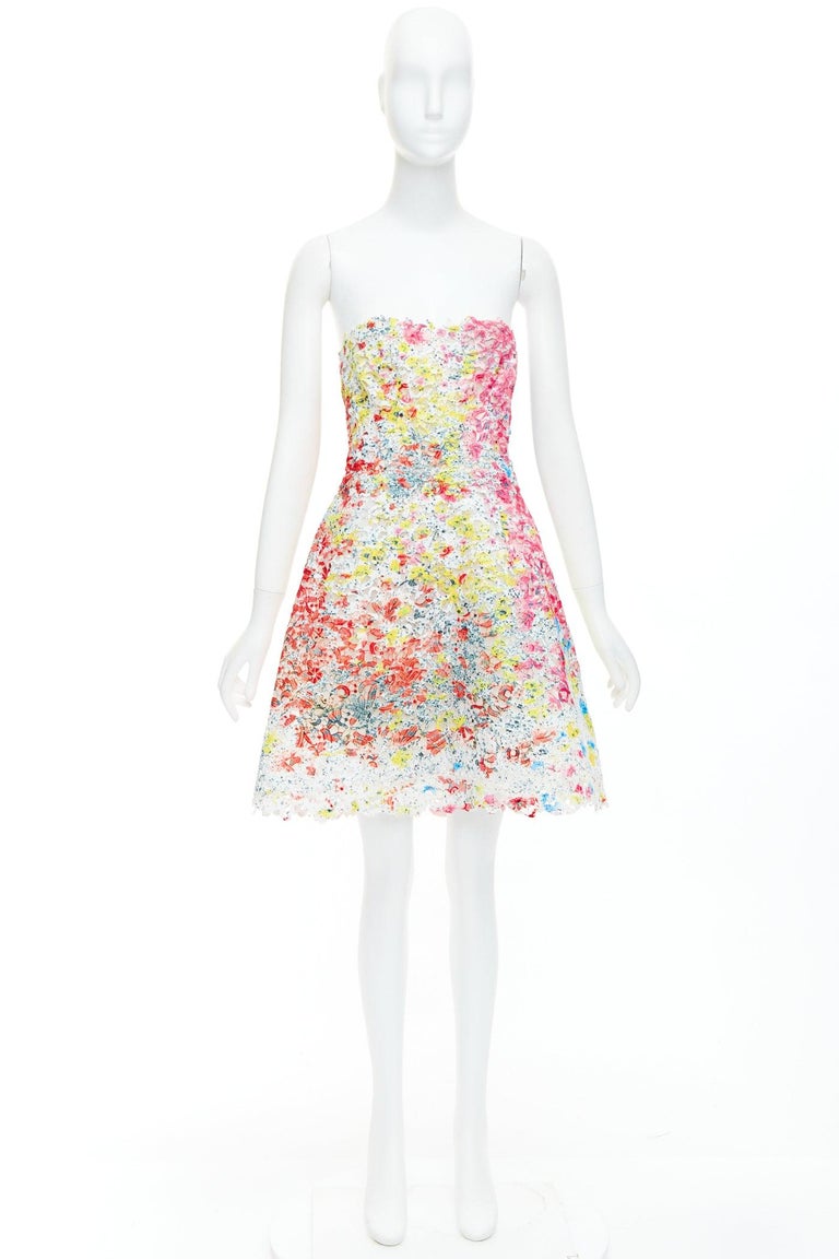 MONIQUE LHUILLIER pink neon tie dye floral lace applique fit flare dress  US4 M at 1stDibs