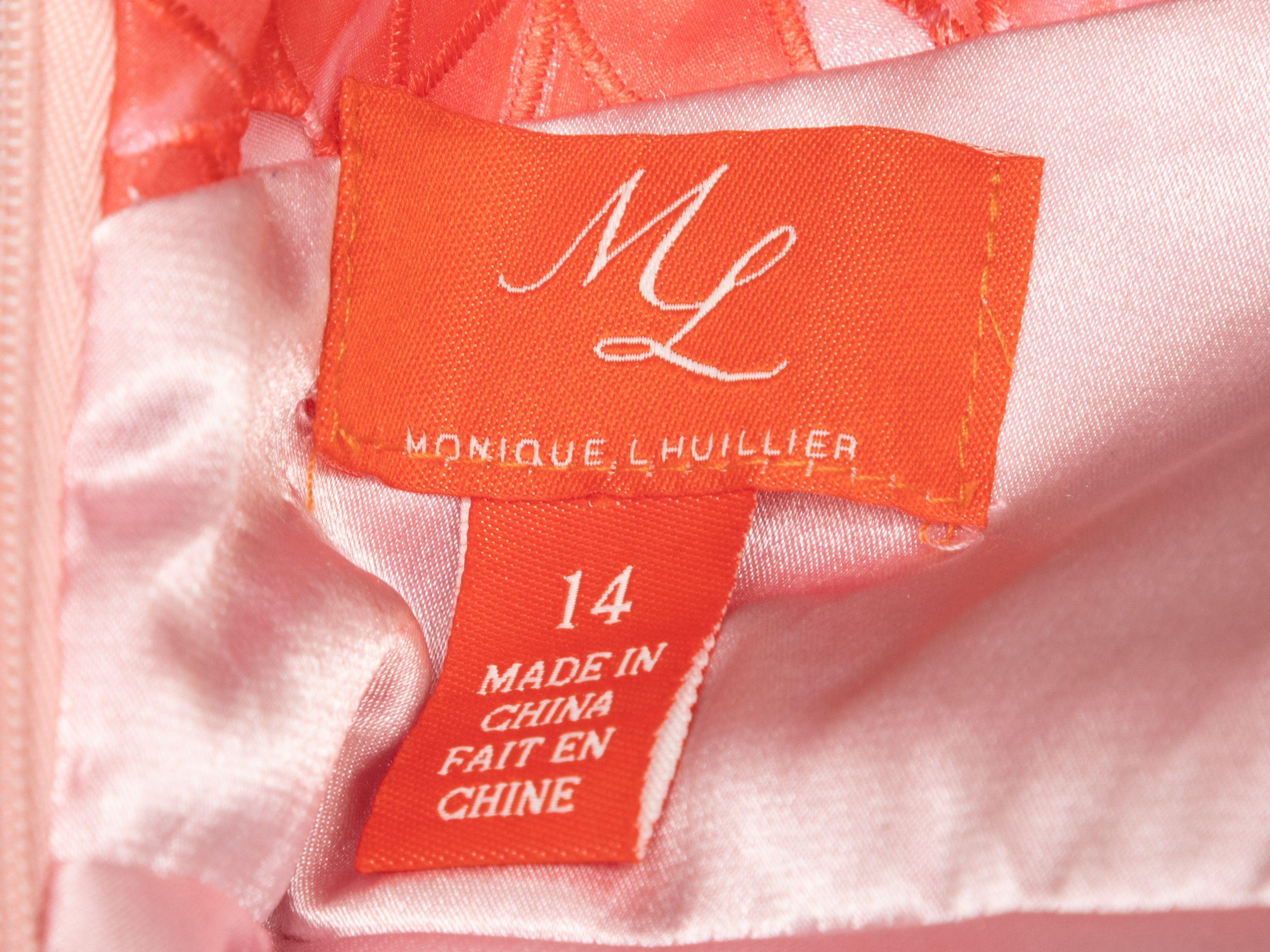 Details zum Produkt: Rosafarbenes und rotes, ärmelloses Kleid mit Blumenmuster von Monique Lhuillier. Runder Ausschnitt. Reißverschluss in der hinteren Mitte. 38