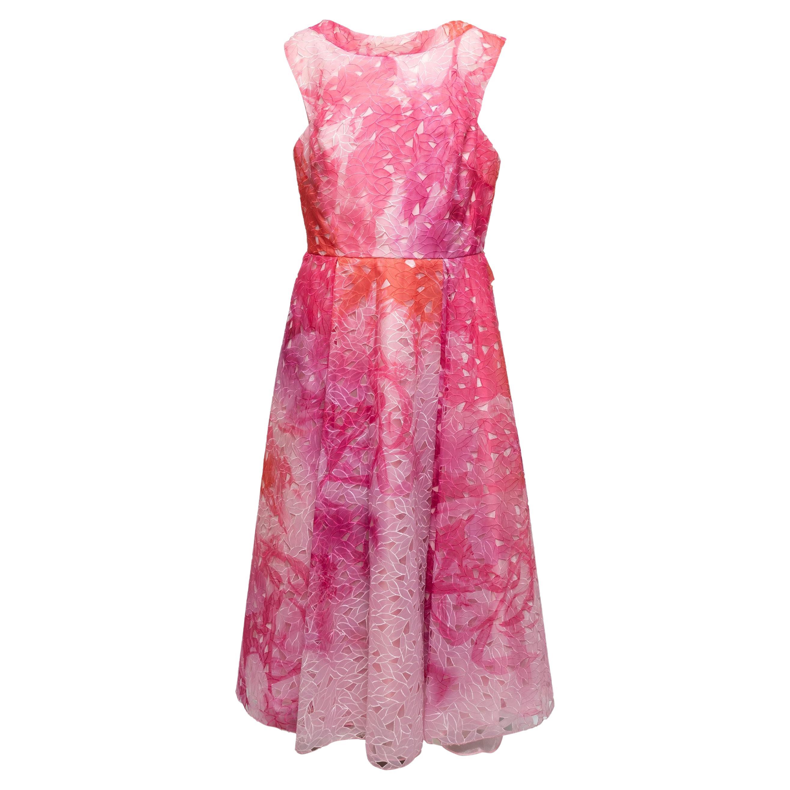 Monique Lhuillier Pink & Red Floral Print Cutout Dress For Sale