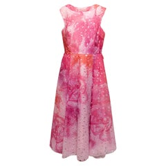 Monique Lhuillier Pink & Red Floral Print Cutout Dress