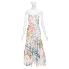 MONIQUE LHUILLIER Runway scribble print lace lace strapless midi dress Sz8 S