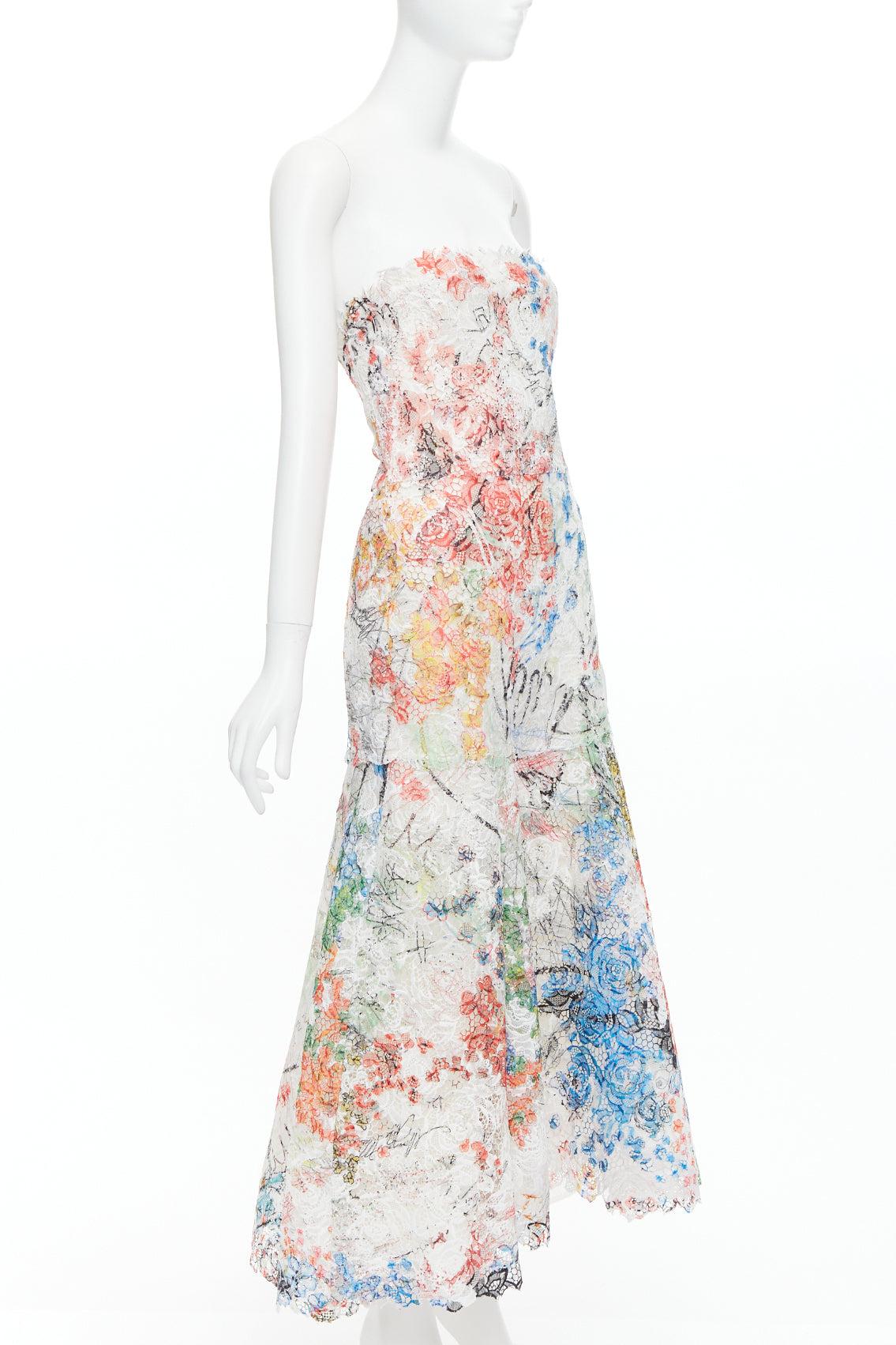 Gray MONIQUE LHUILLIER Runway scribble print lace  lace strapless midi dress US8 M For Sale